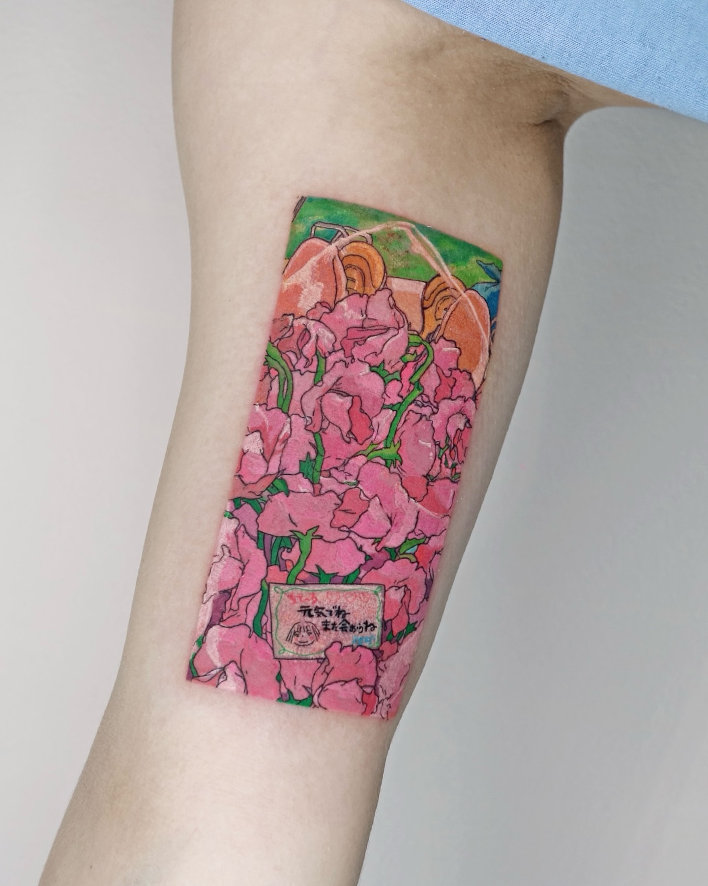 Pink flowers new school tattoo on the forearm by Aroha