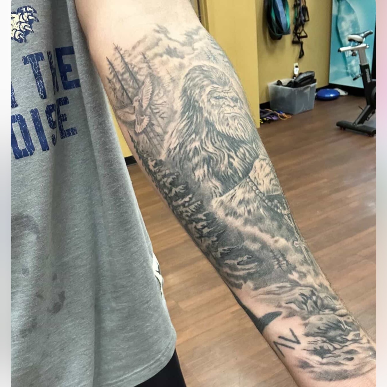 Bigfoot black and grey tattoo on the forearm by Tampa tattoo artist