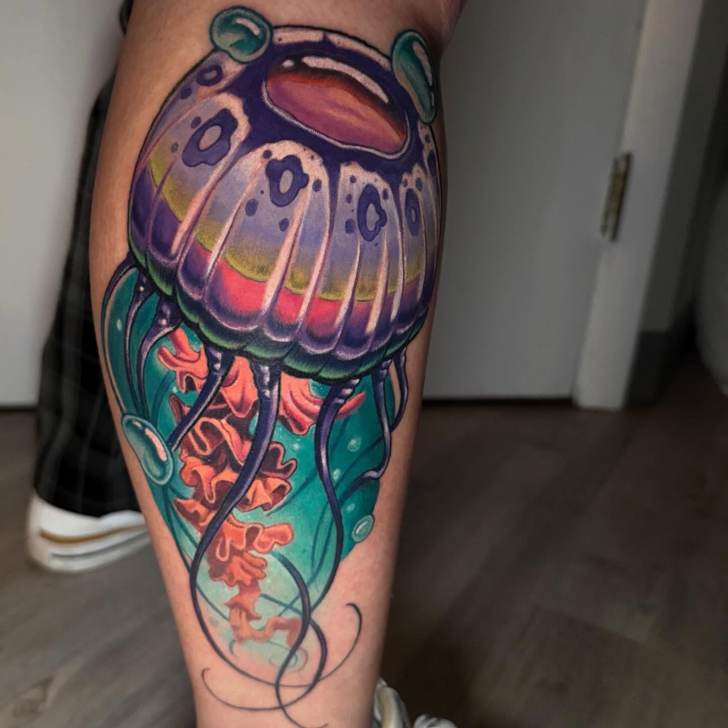 Jellyfish new school tattoo on the thigh by Zoe "Z" Fisk