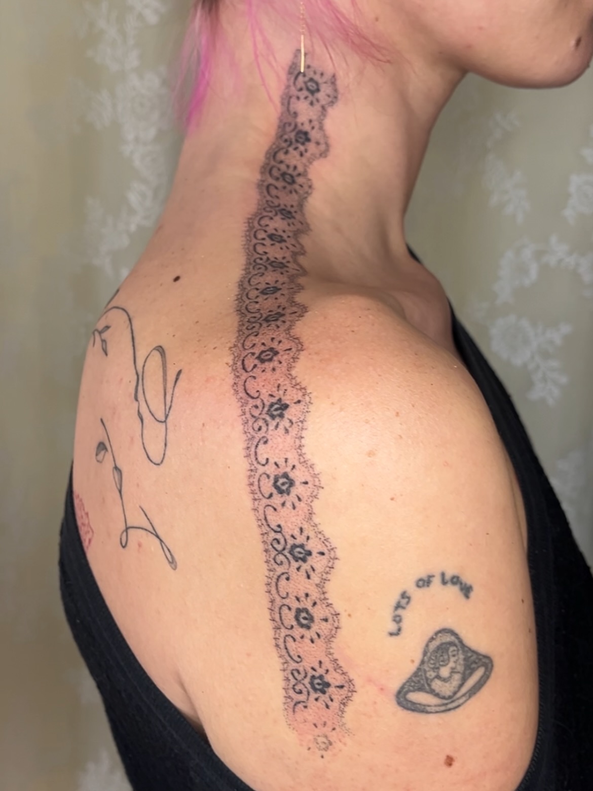 Lace pattern black and grey tattoo on the back by mia