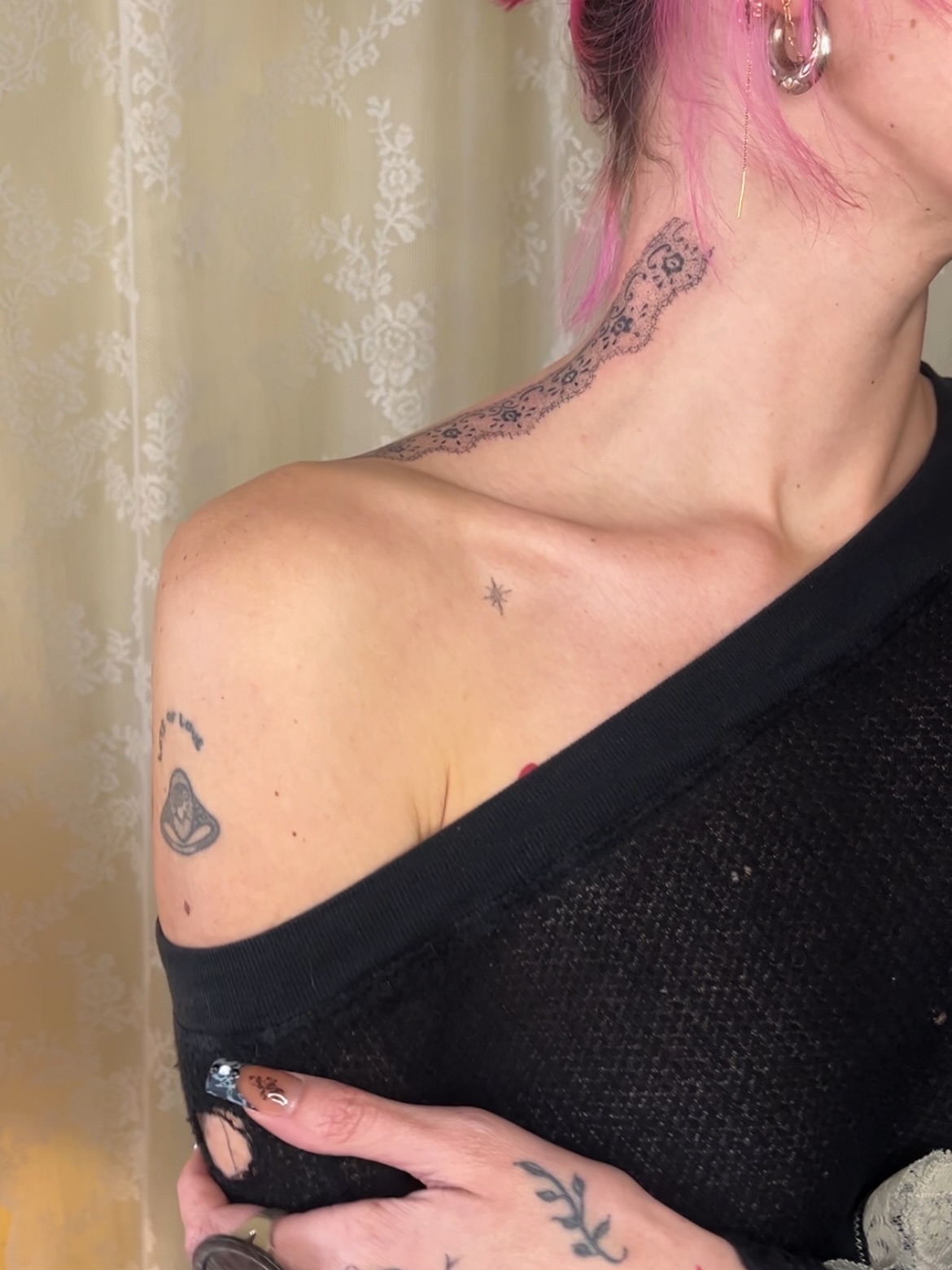 Lace pattern black and grey tattoo on the shoulder by mia