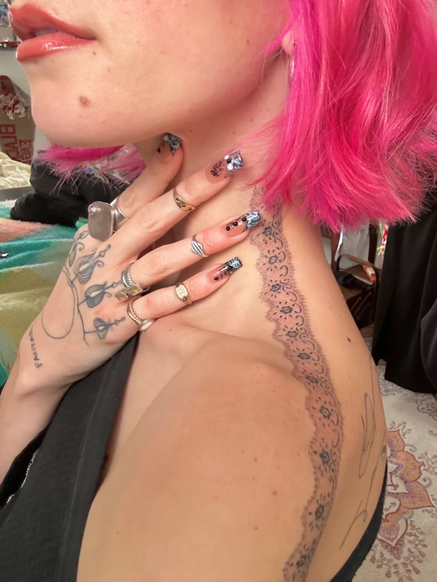 Lace black and grey tattoo on the shoulder by mia