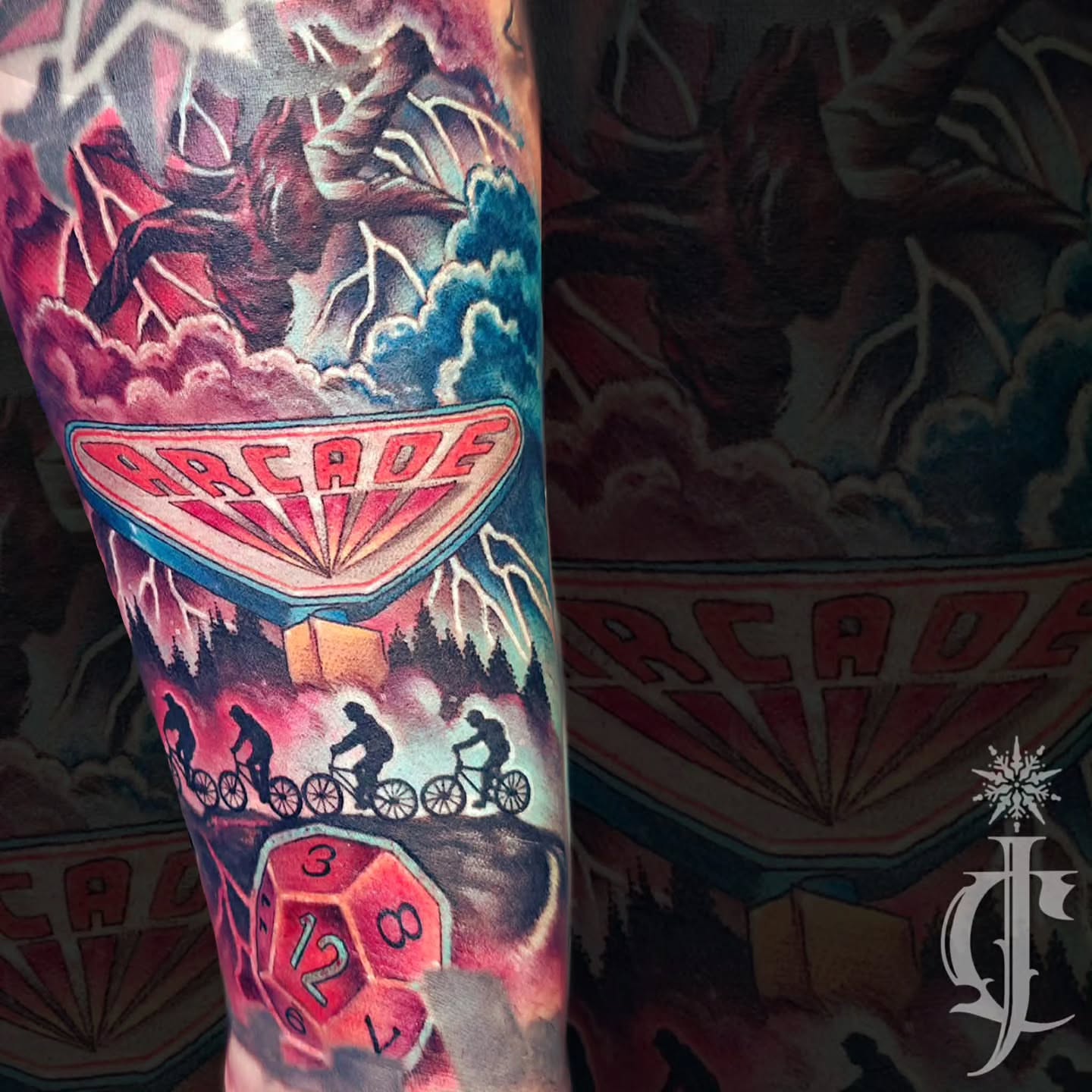 Mountain landscape dotwork tattoo on the forearm by Jessica Canvas