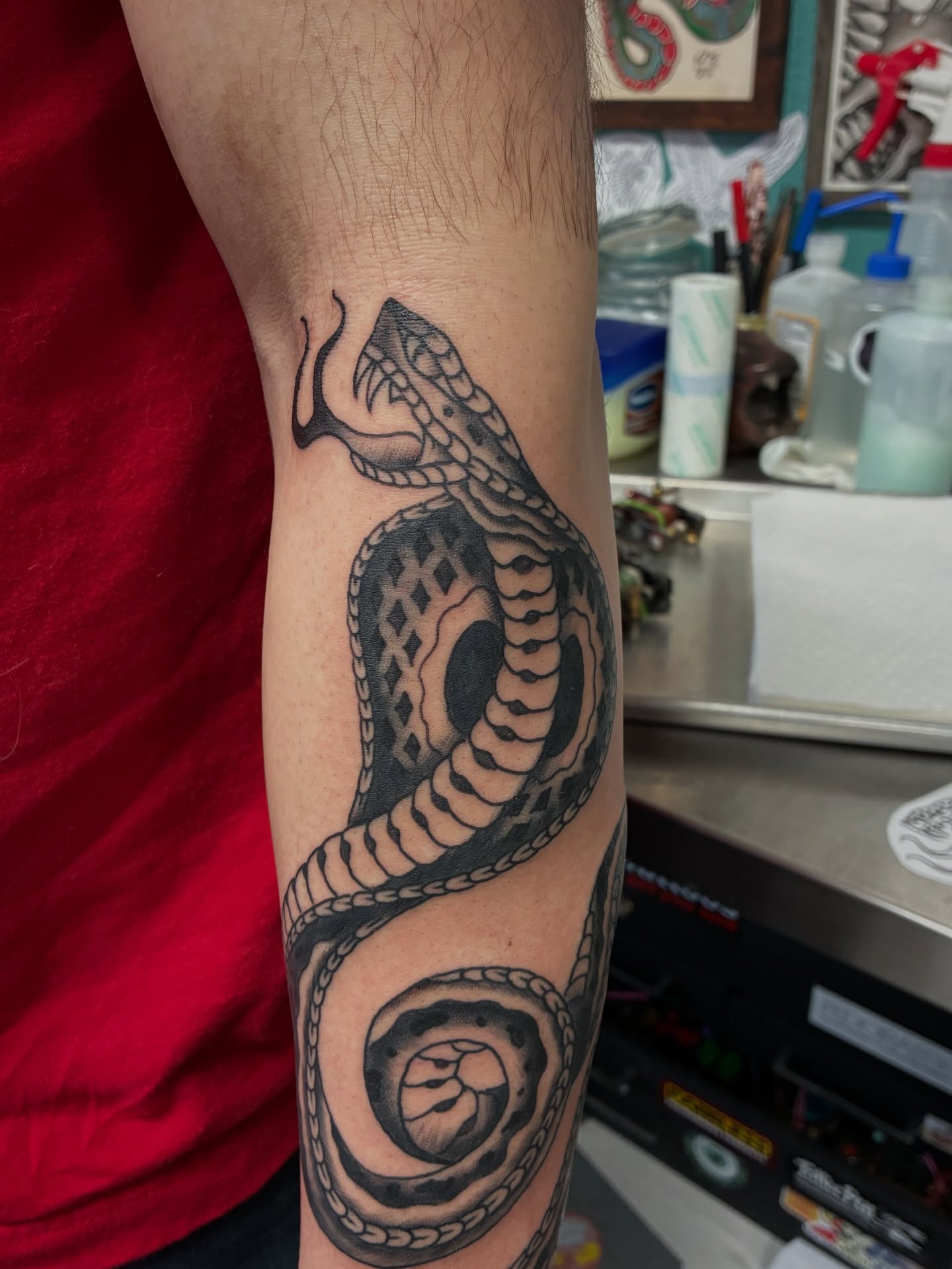 Snake black and grey tattoo on the forearm by Kennedy Cole