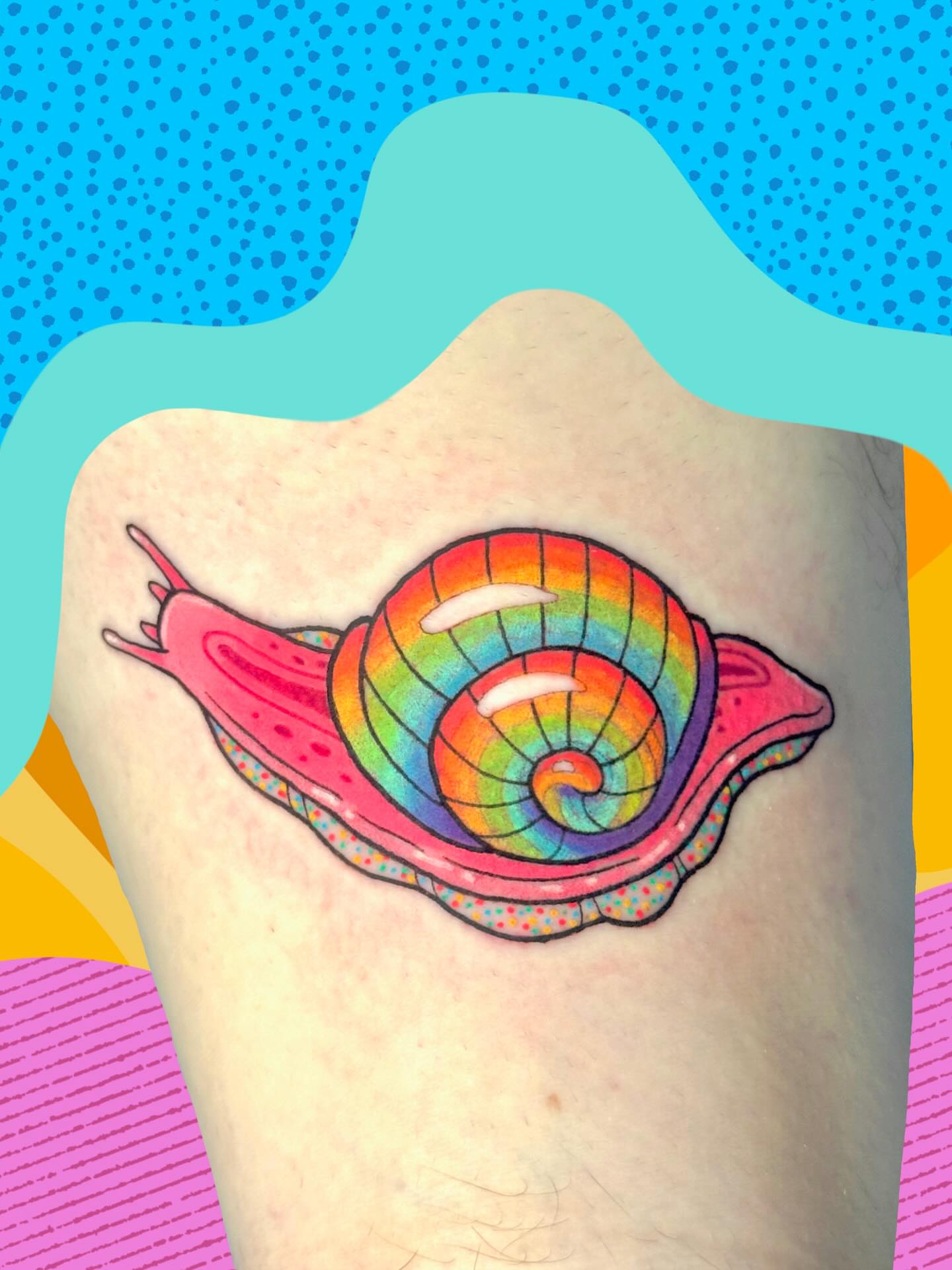 Rainbow snail new school tattoo on the upper arm by π. ππππ, San Francisco, California