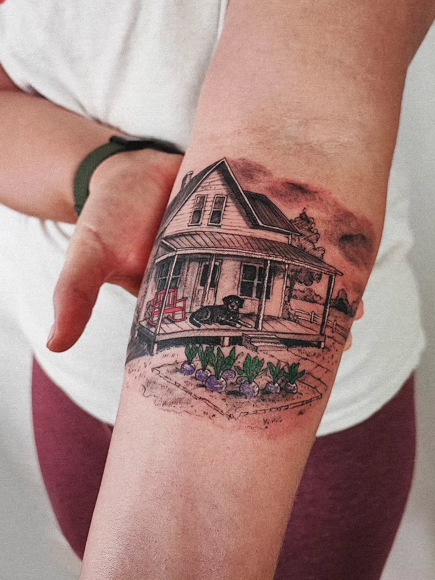 House with cat realism tattoo on the forearm by 𝗔𝗟𝗘𝗫 𝗣𝗥𝗘𝗤𝗨𝗘𝗟 𝗧𝗔𝗧𝗧𝗢𝗢𝗦 𝗖𝗛𝗜𝗖𝗔𝗚𝗢 ™, Chicago, Illinois
