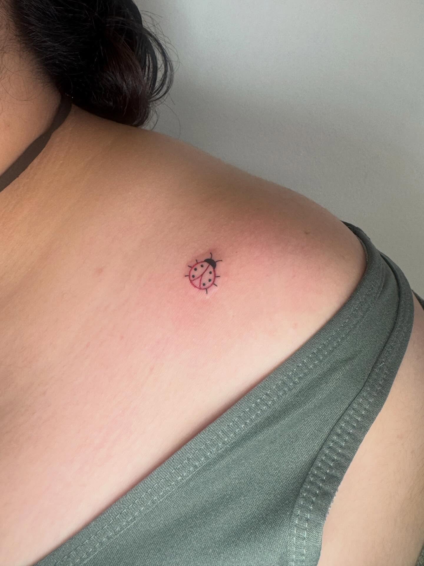 Ladybug dotwork tattoo on the shoulder by Angela Nery, South Jordan, Utah