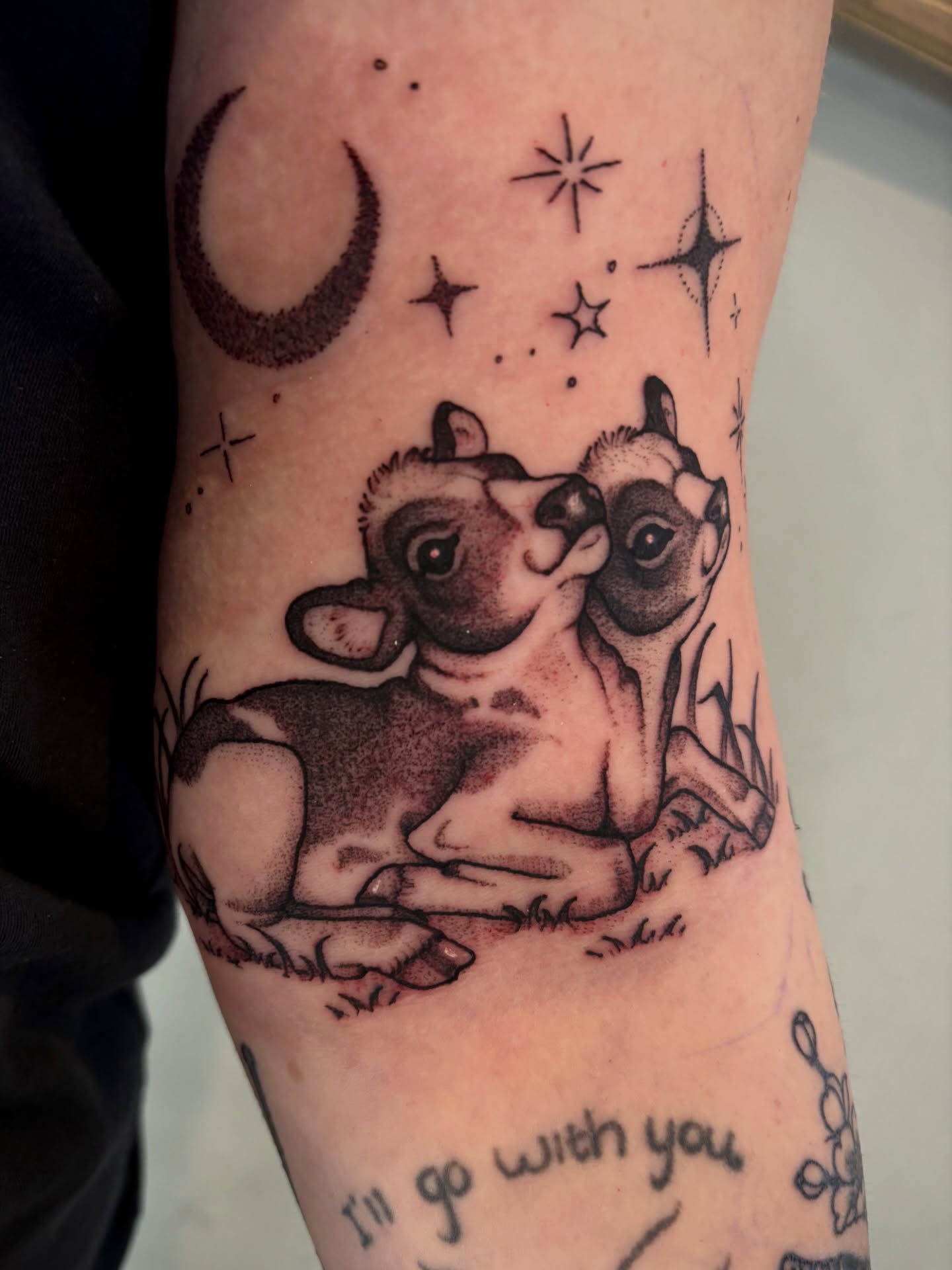 Deer couple dotwork tattoo on the forearm by Tara, Exeter, Pennsylvania