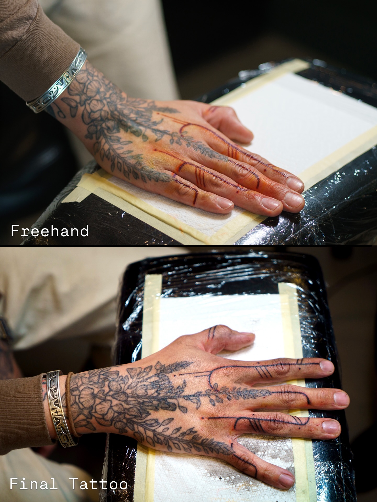 Floral design black and grey tattoo on the hand by 思Stacy