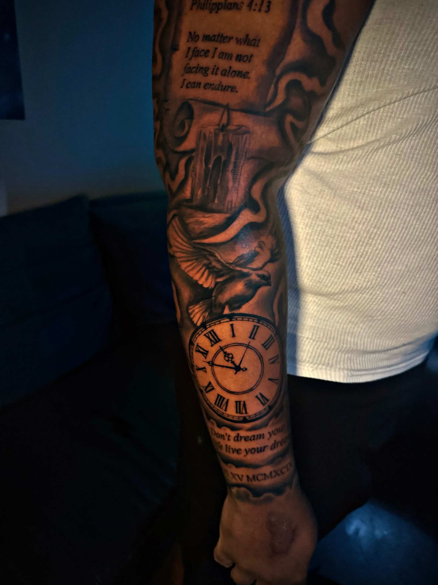 Clock and bird realism tattoo on the forearm by Dallas Tattoo Artist📍