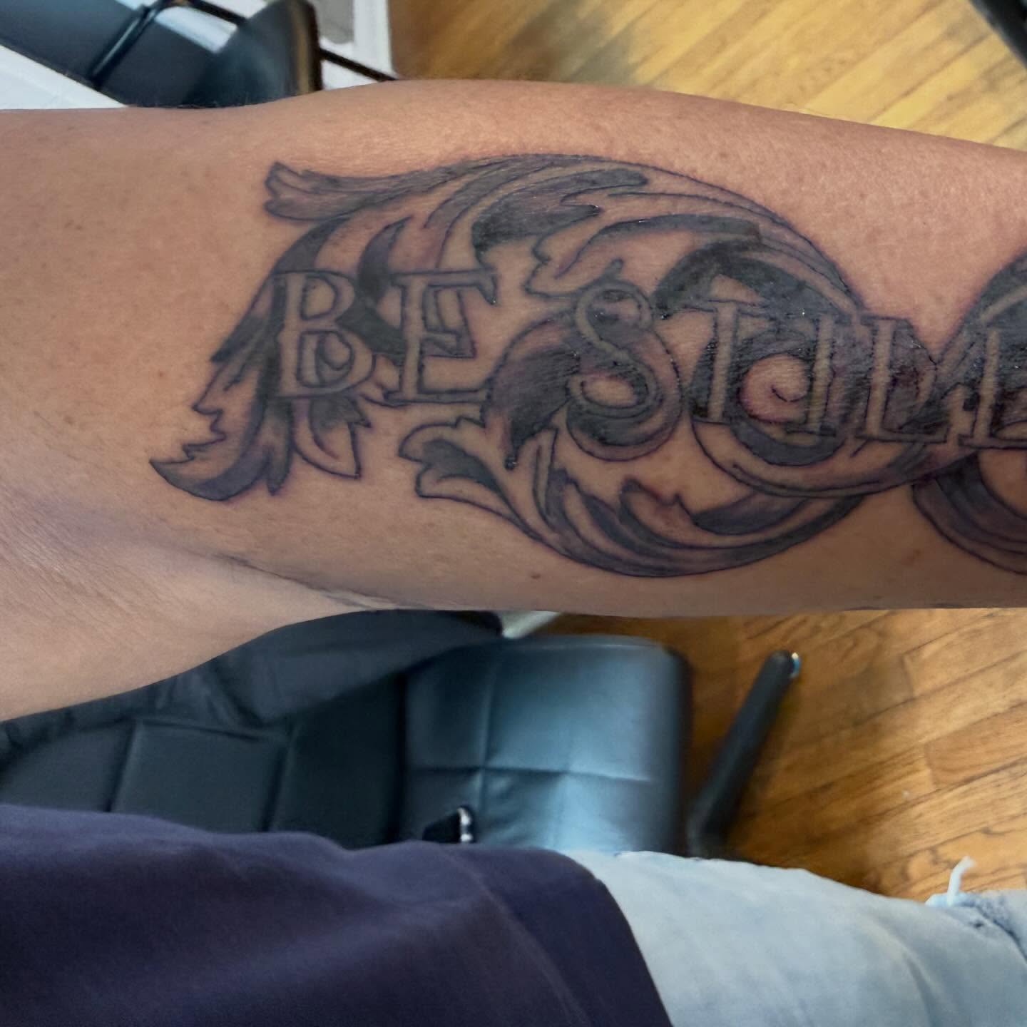Be still lettering script tattoo on the forearm by Jillian Pardy