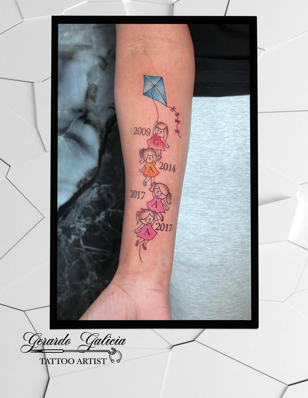 Kite with children and dates fine line tattoo on the forearm by Gerardo Galicia, New York, New York