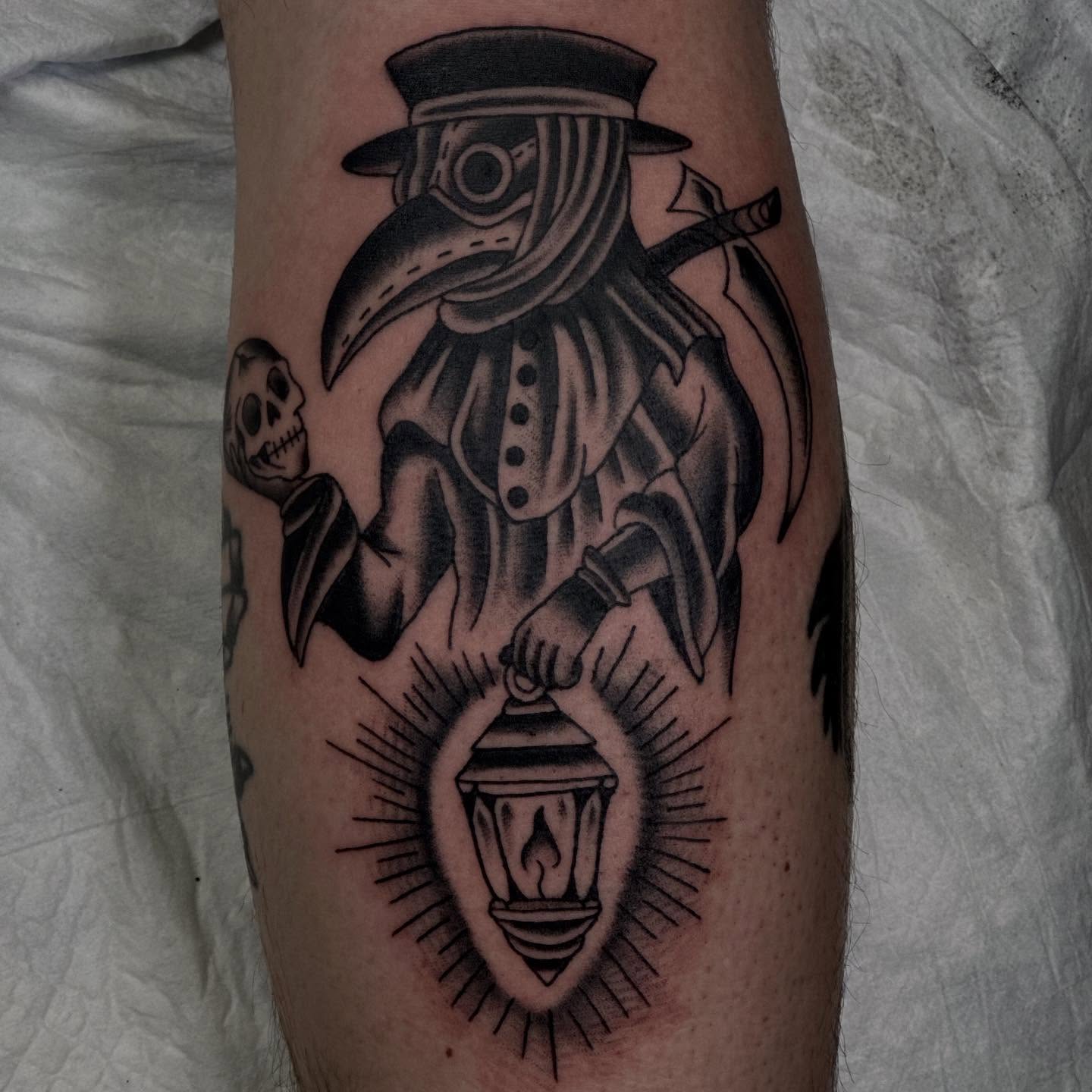 Plague doctor American traditional tattoo on the forearm by Dylan Curry