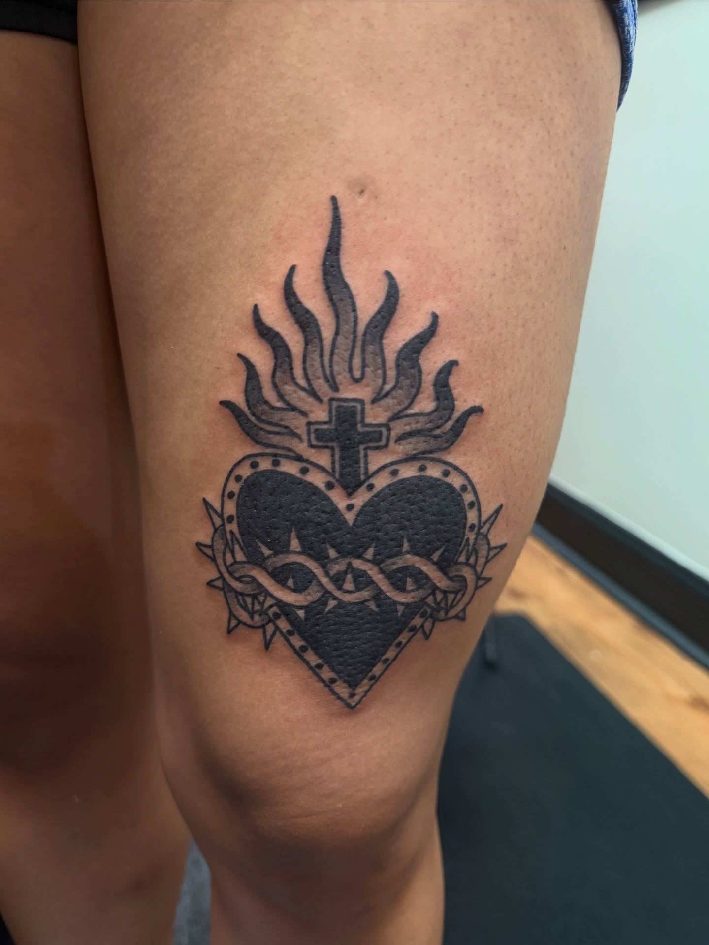 Heart with cross and flames black and grey tattoo on the thigh by @kevingaretz, Jersey City, New Jersey
