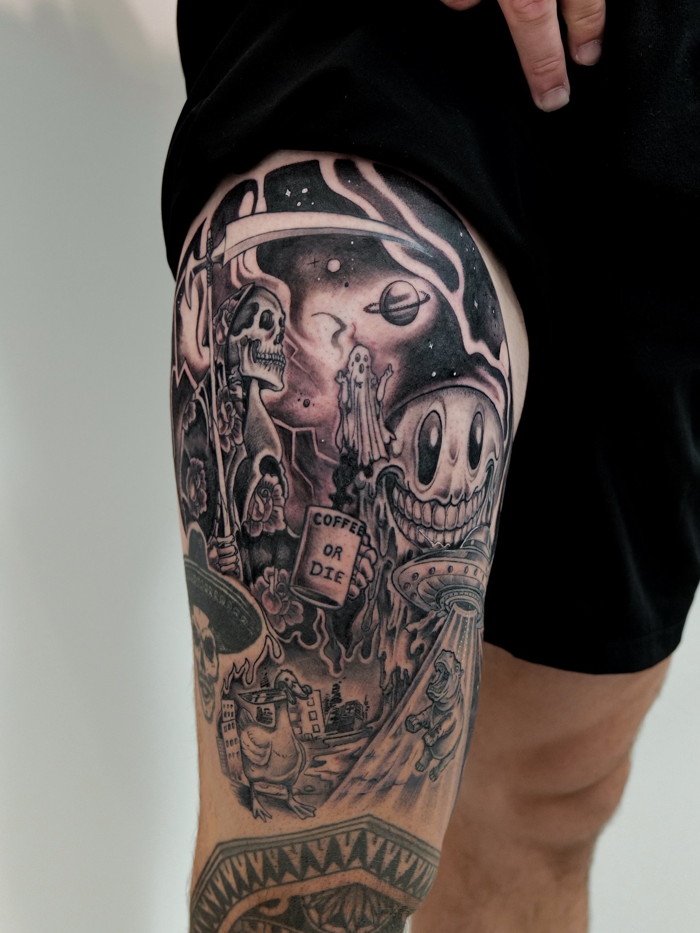 Tattoo by @godlikeadog โ surrealism, black_and_grey