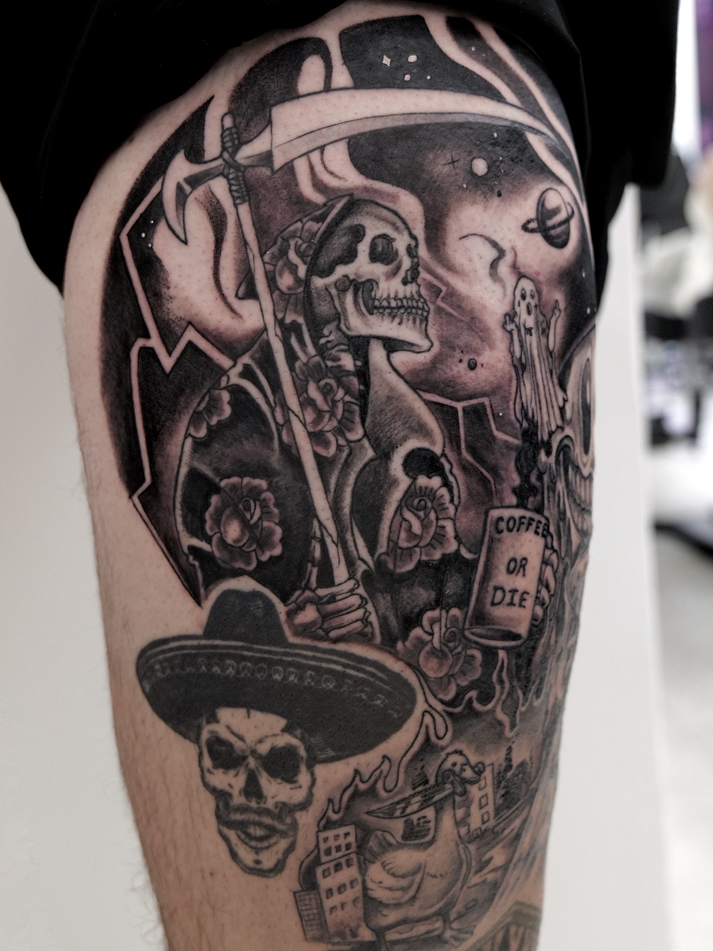 Skeletons and coffee realism tattoo on the forearm by ๐ฎ๐๐๐๐๐ ๐ท ๐ฒ๐๐๐๐
