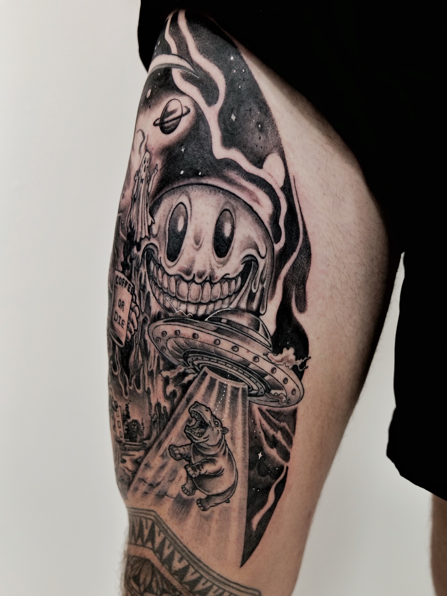 Tattoo by @godlikeadog โ black_and_grey, dark_realism
