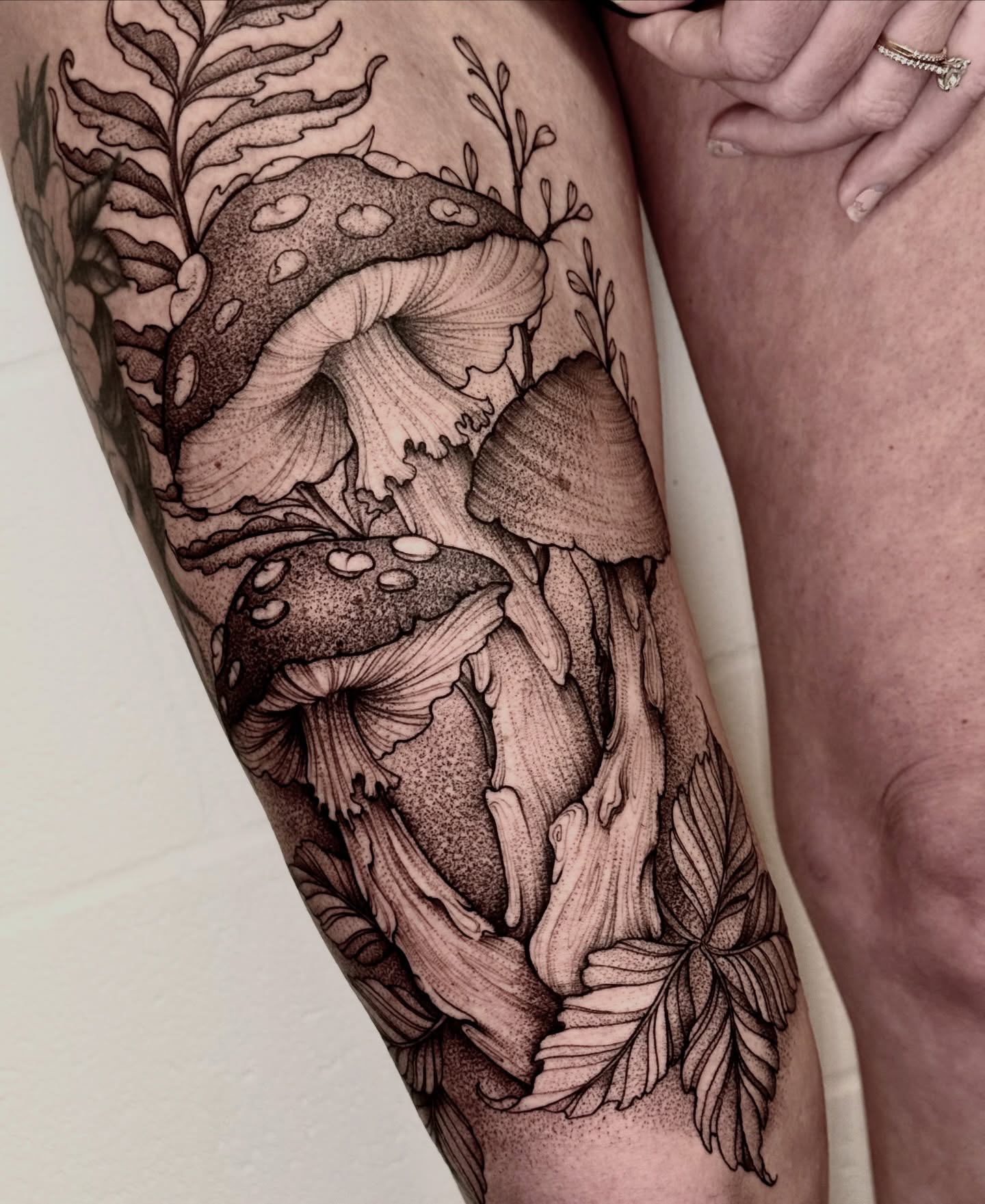 Mushroom forest dotwork tattoo on the forearm by ℳ𝒾𝓇𝓉𝒽𝒶 𝒯ℴ𝓇𝓇ℯ𝓈, San Diego, California