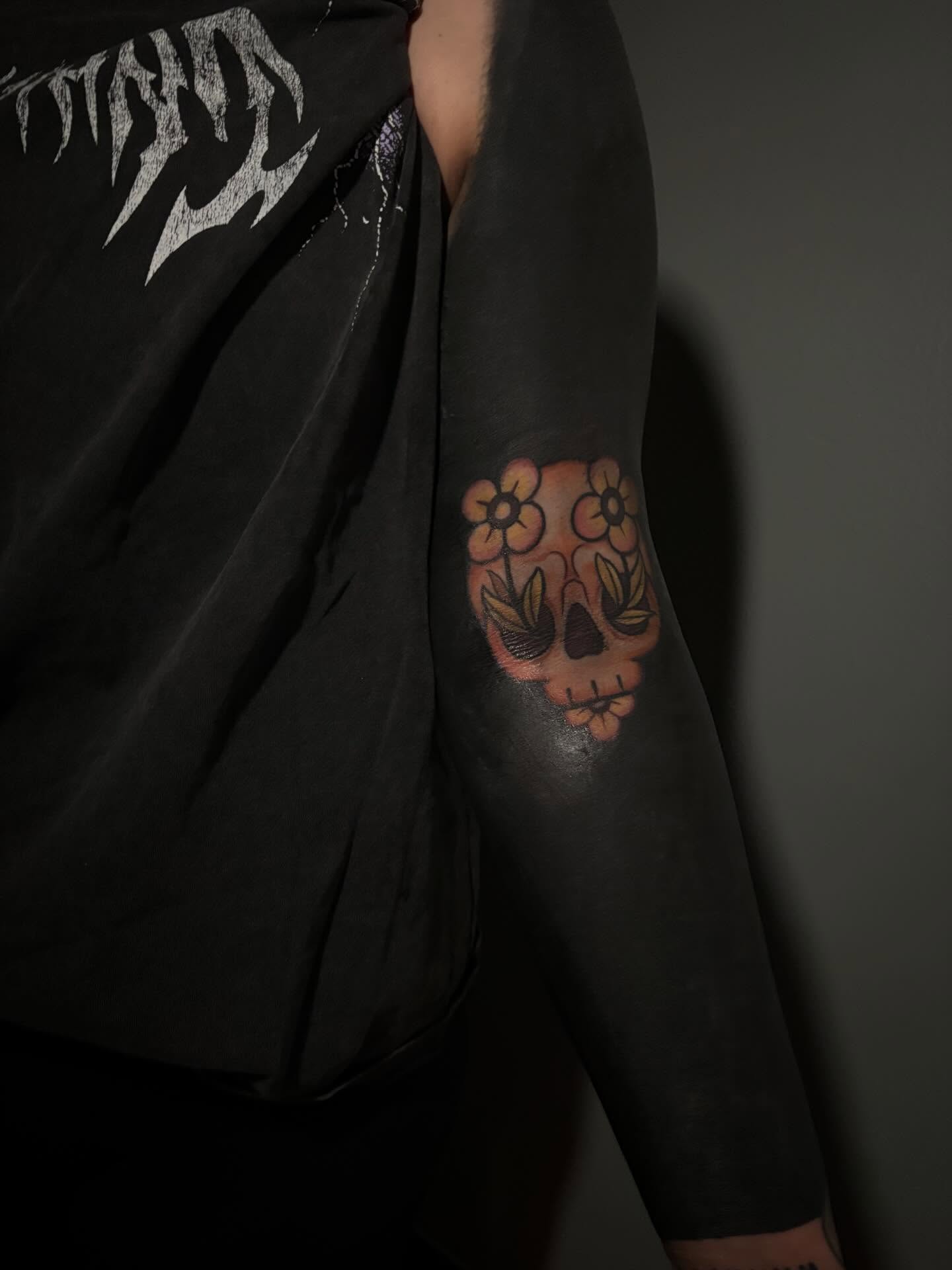 Sugar skull Chicano tattoo on the forearm by Cameron Scofield