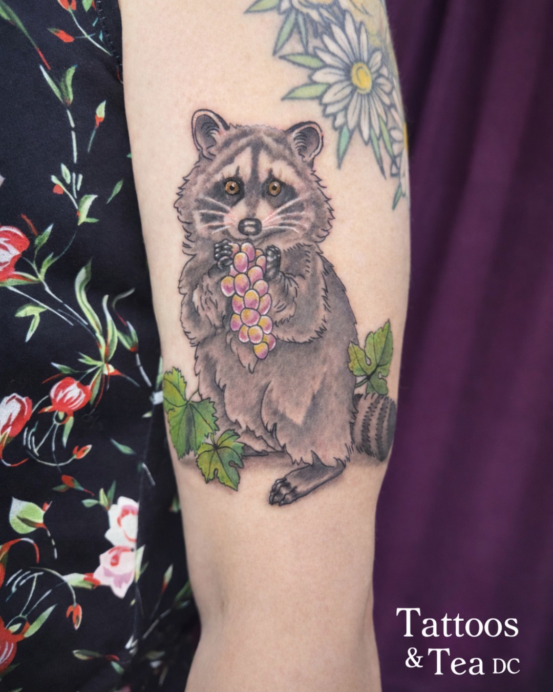 Raccoon with grapes realism tattoo on the forearm by Tattoos & Tea DC, Arlington, Virginia