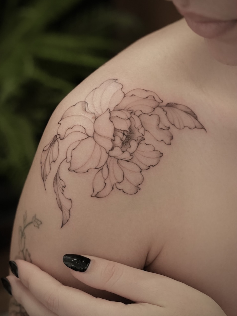 Peony black and grey tattoo on the shoulder by Junh Tattoo NYC