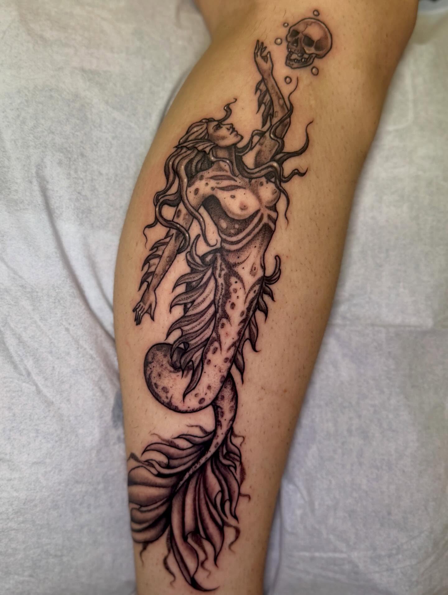 Mermaid dotwork tattoo on the leg by πβ¨ππ₯π’π©ππΆ β¨π