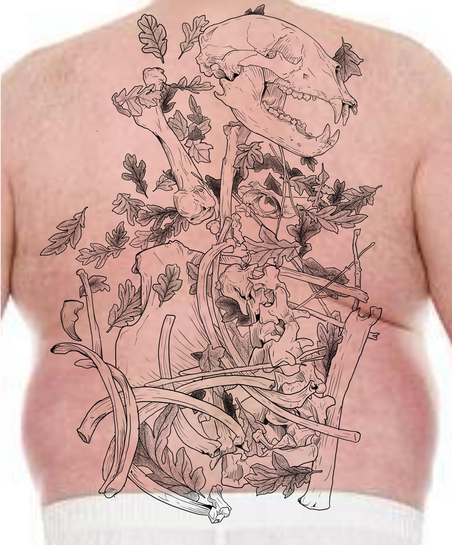 Animal skull and foliage realism tattoo on the back by Vincent Espinoza, Eugene, Oregon