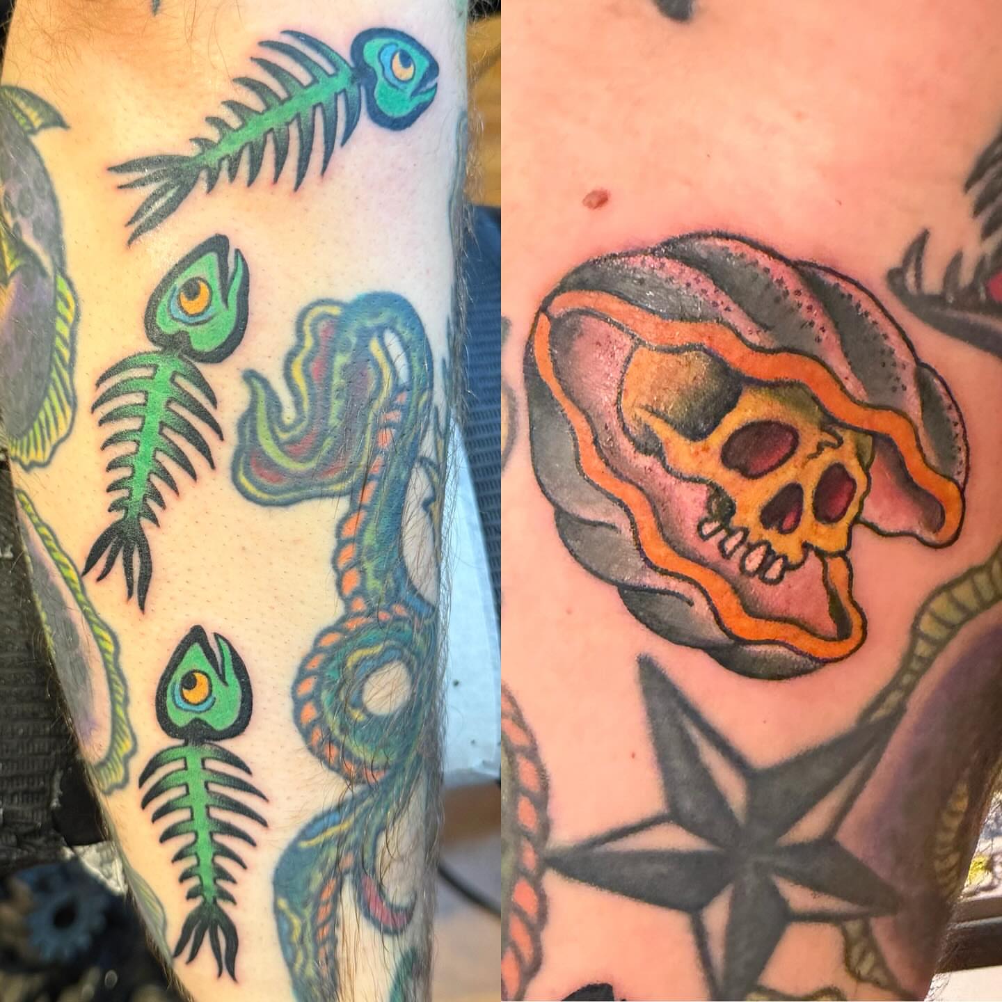 Fish skeleton and jellyfish American traditional tattoo on the forearm by Mike Kepper