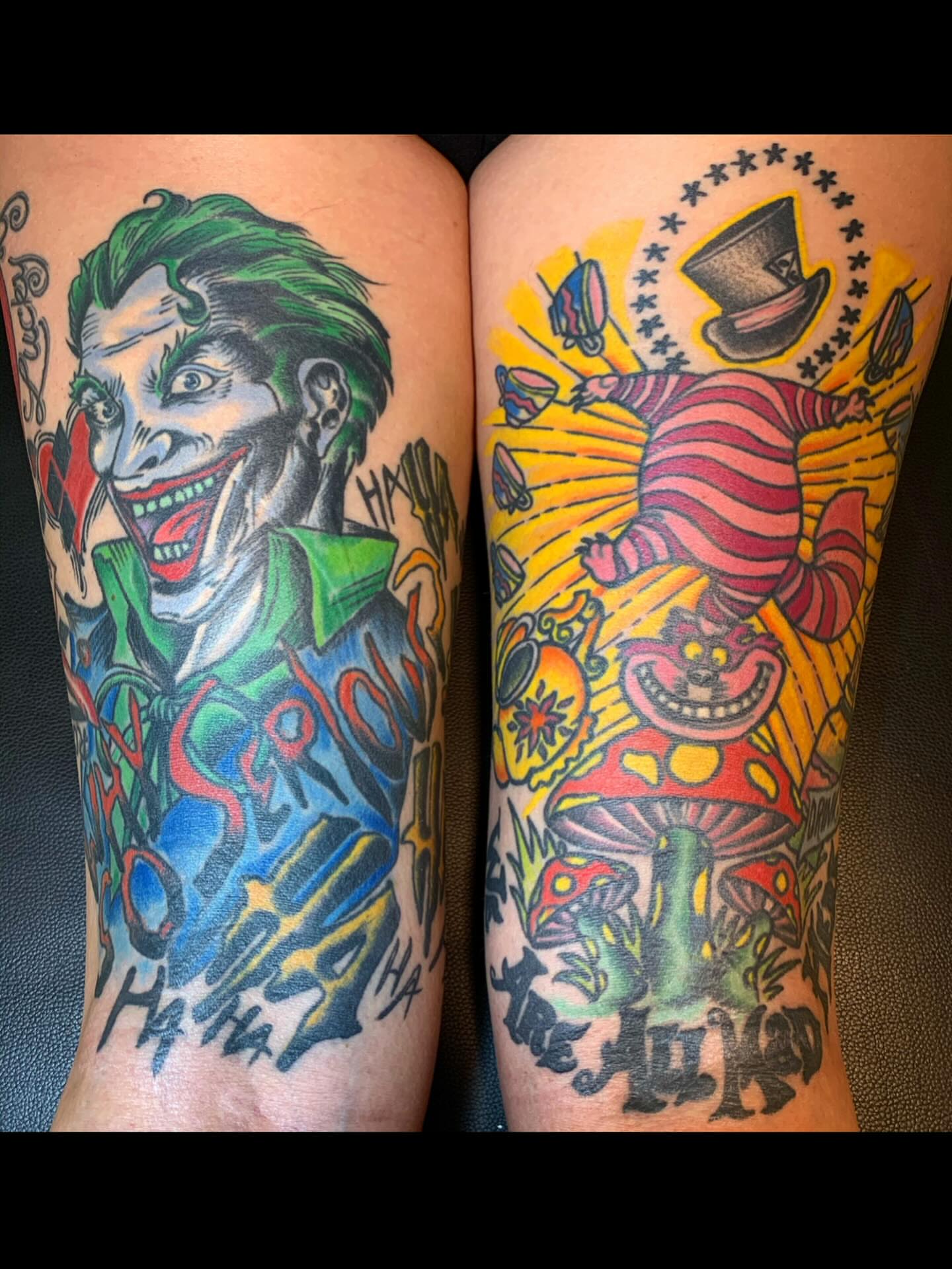 Joker and mad hatter American traditional tattoo on the forearm by Mike Kepper