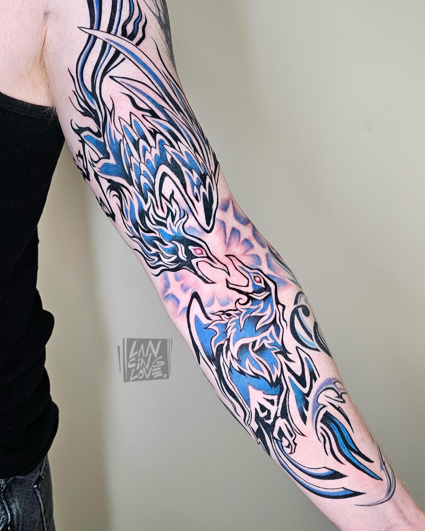 Dragon new school tattoo on the forearm by Lancinglove