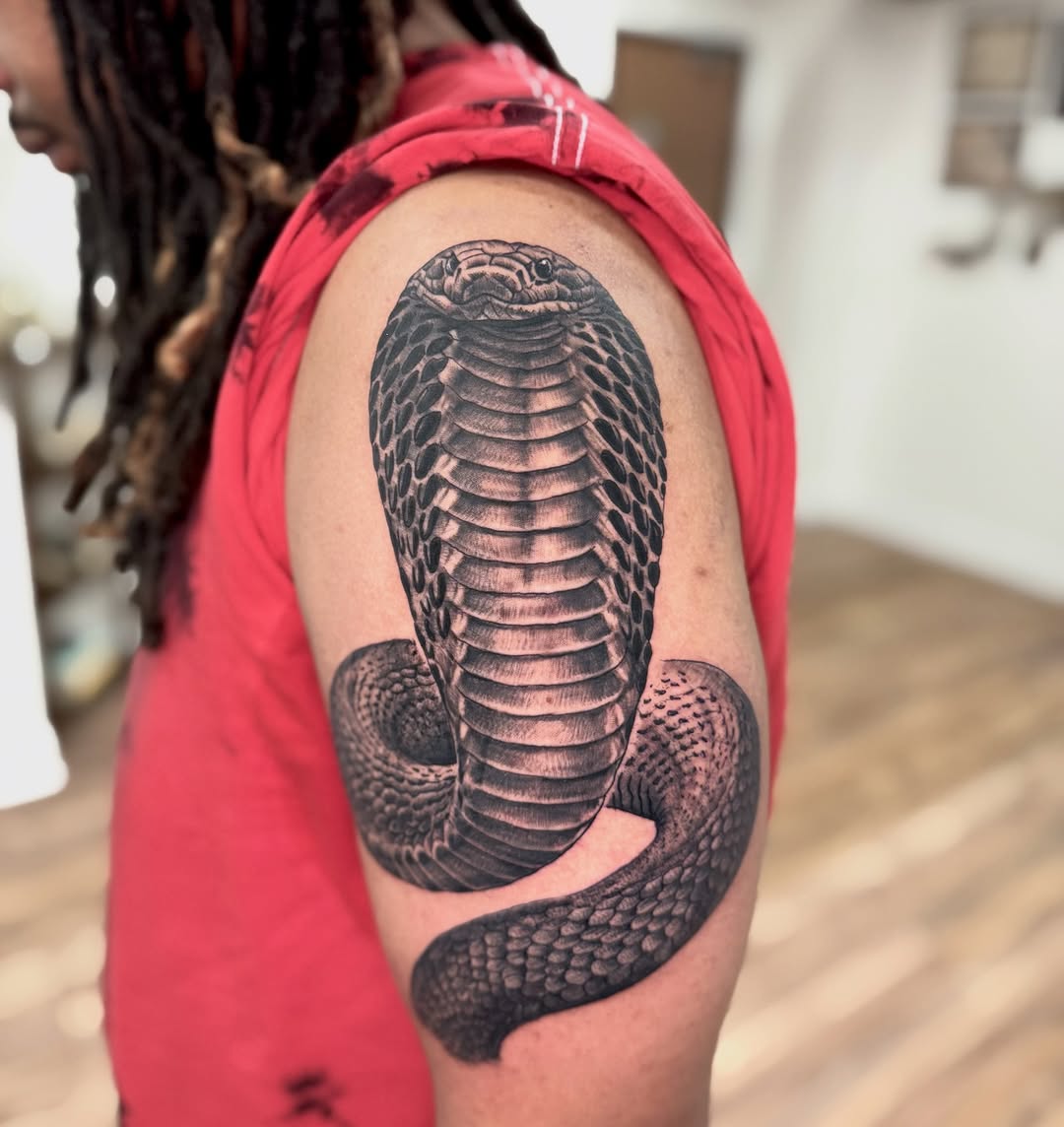 Cobra snake American traditional tattoo on the shoulder by Kody Miller Tattoos 📍Kansas City MO Tattoo, Kansas City, Missouri