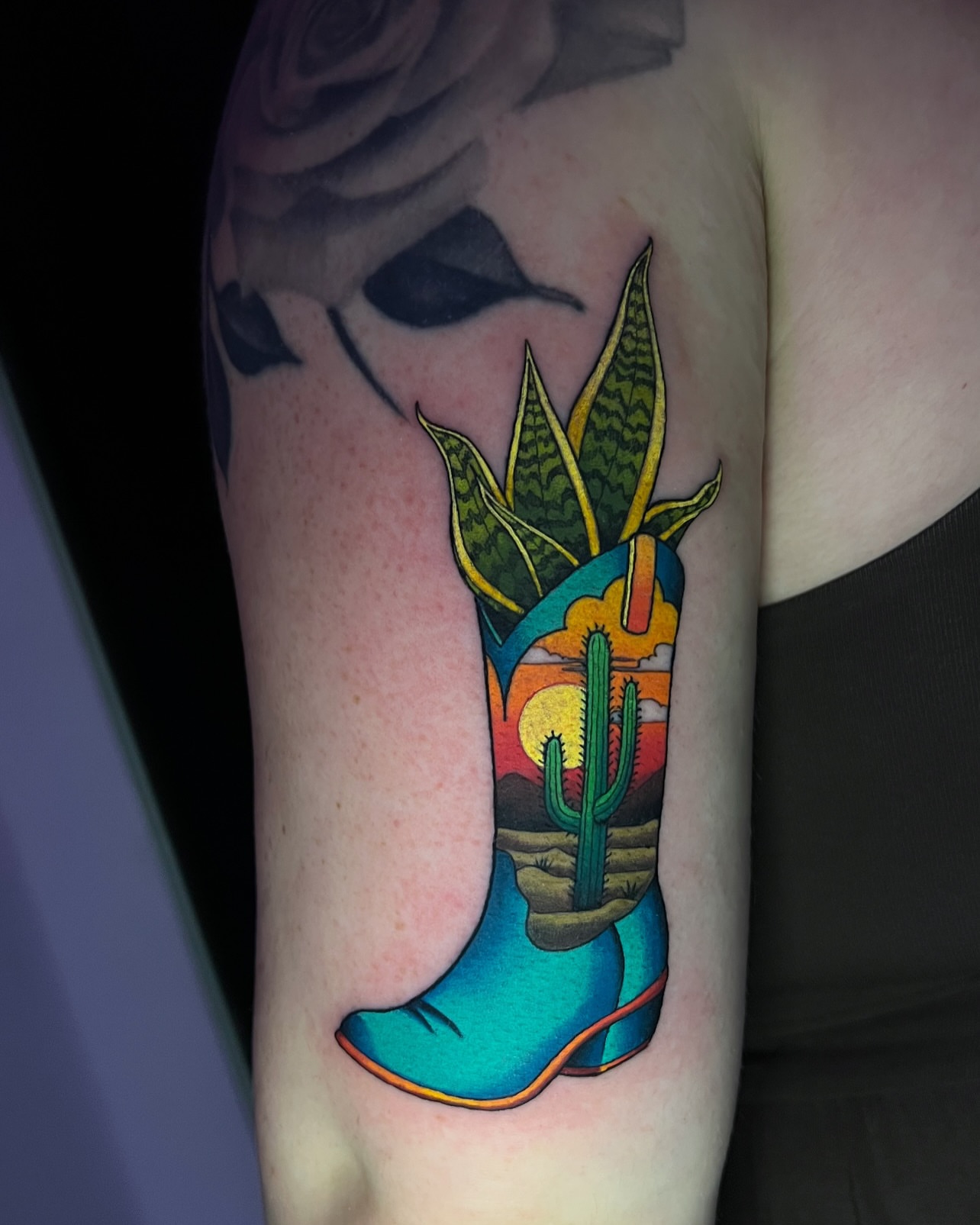 Cowboy boot with desert landscape American traditional tattoo on the forearm by Jeremy✨Sloo✨ Hamilton, Charlotte, North Carolina