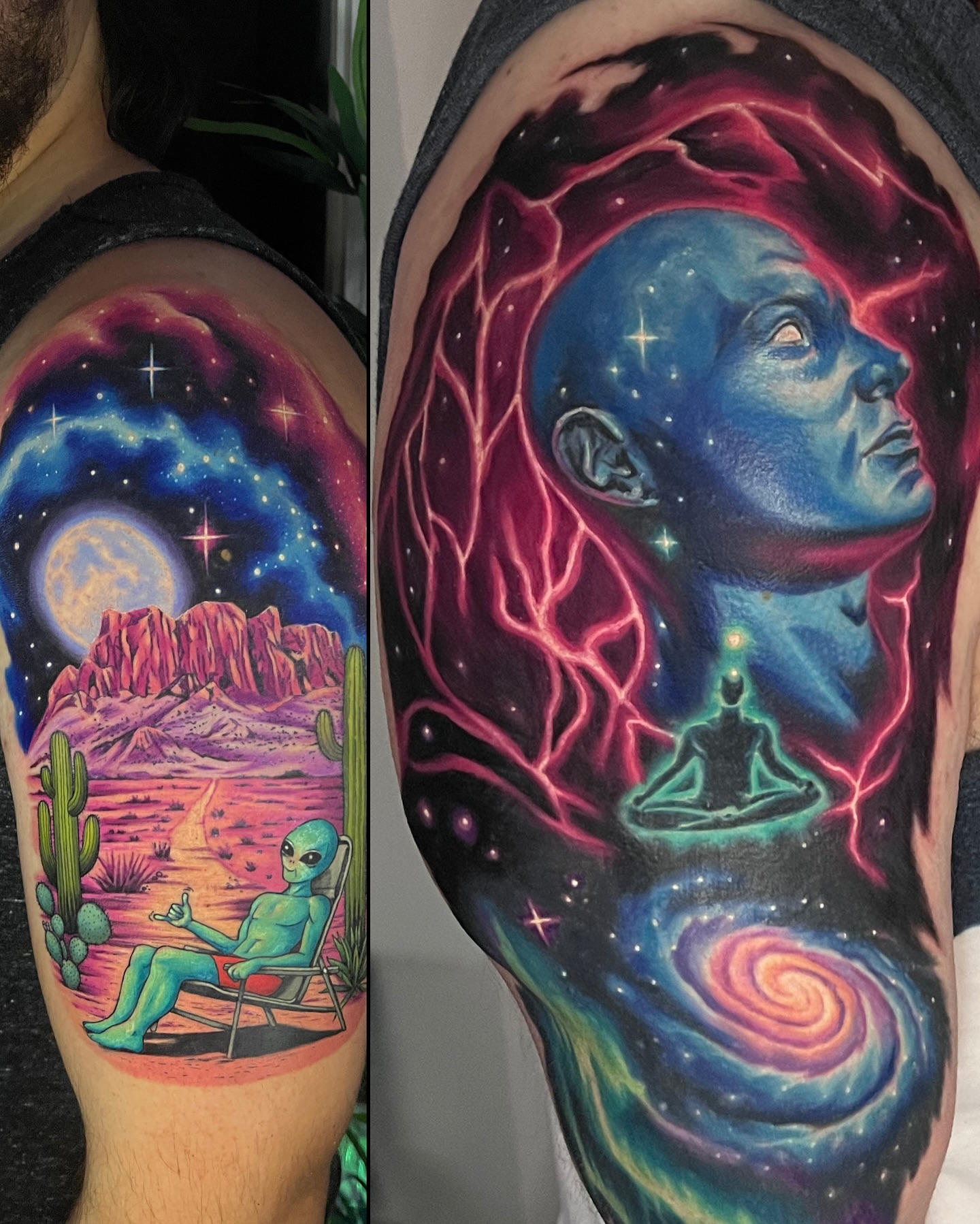 Astronaut meditating in space illustrative tattoo on the shoulder by Jeremy✨Sloo✨ Hamilton, Charlotte, North Carolina