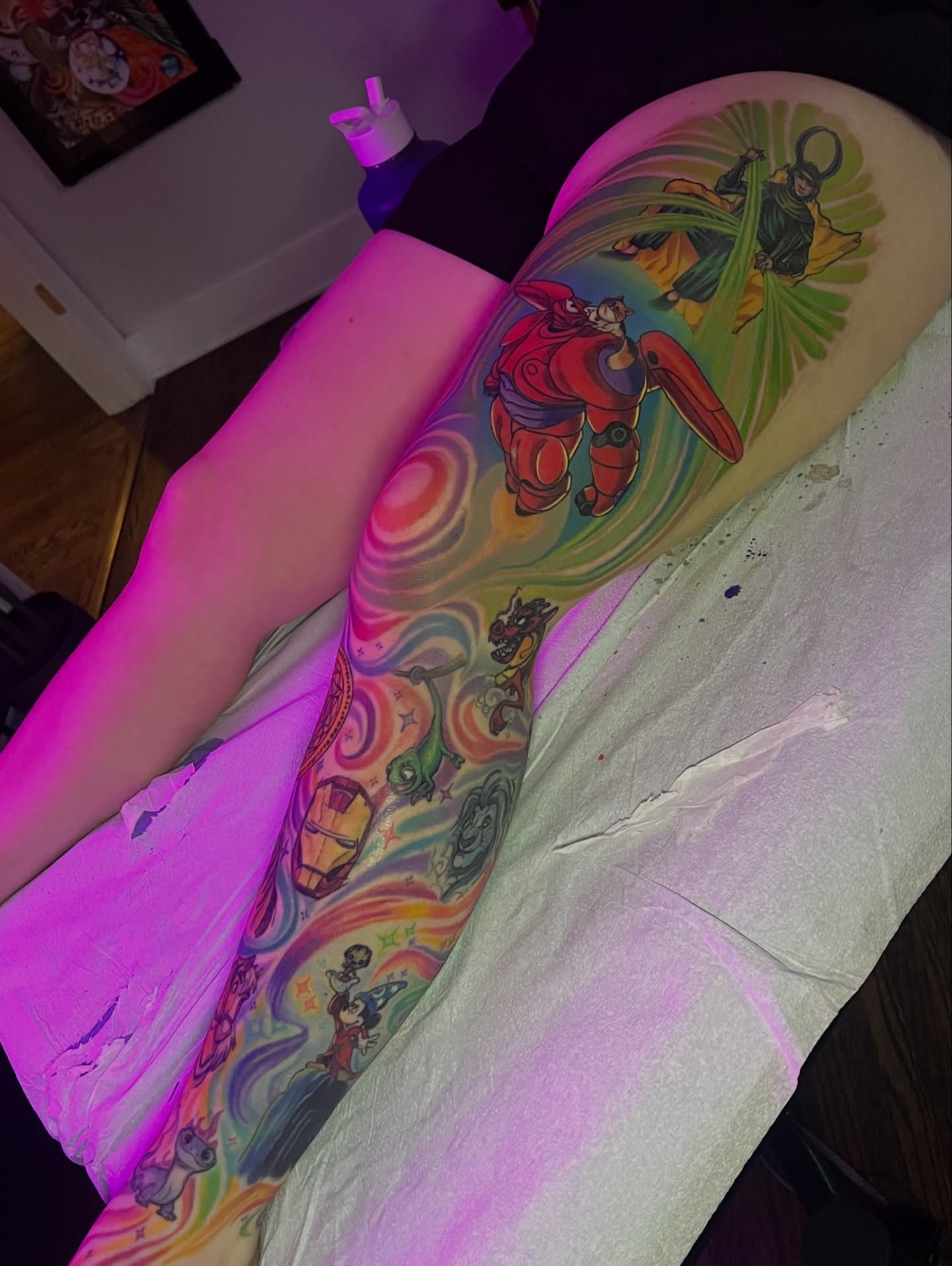 Superhero-themed sleeve new school tattoo on the leg by Jeremy✨Sloo✨ Hamilton, Charlotte, North Carolina