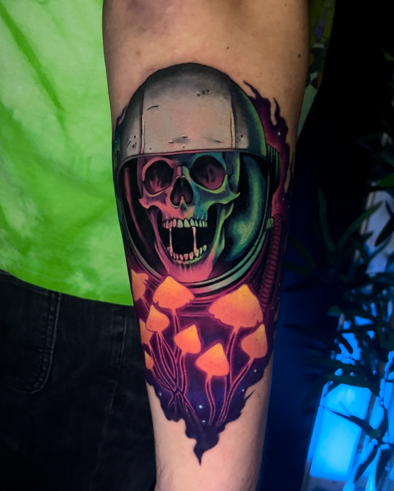 Skull with mushrooms dark realism tattoo on the forearm by Jeremy✨Sloo✨ Hamilton, Charlotte, North Carolina