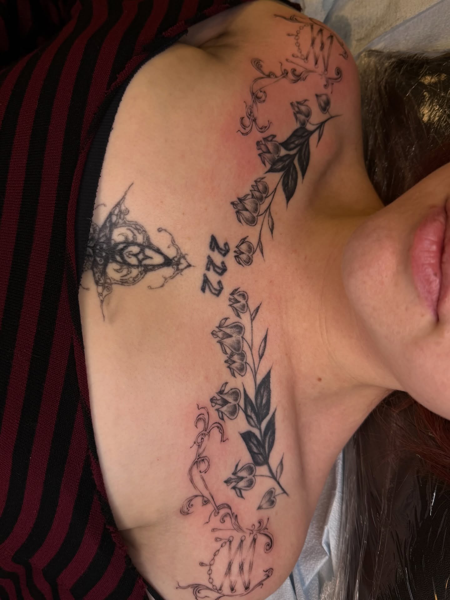 Floral vine black and grey tattoo on the shoulder by Maddie Blosser, Portland, Oregon