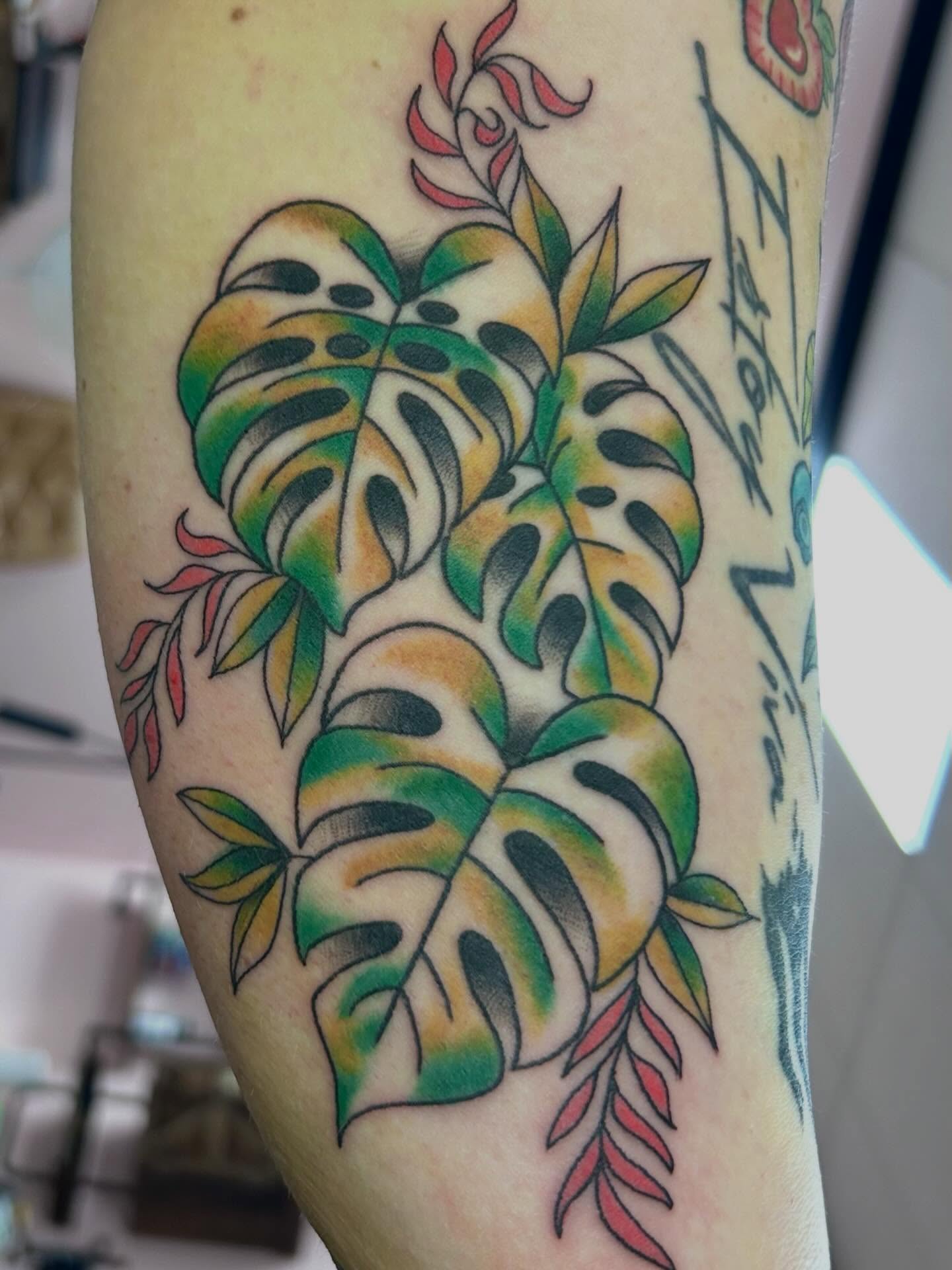 Monstera leaves American traditional tattoo on the forearm by Red✨, Gansevoort, New York