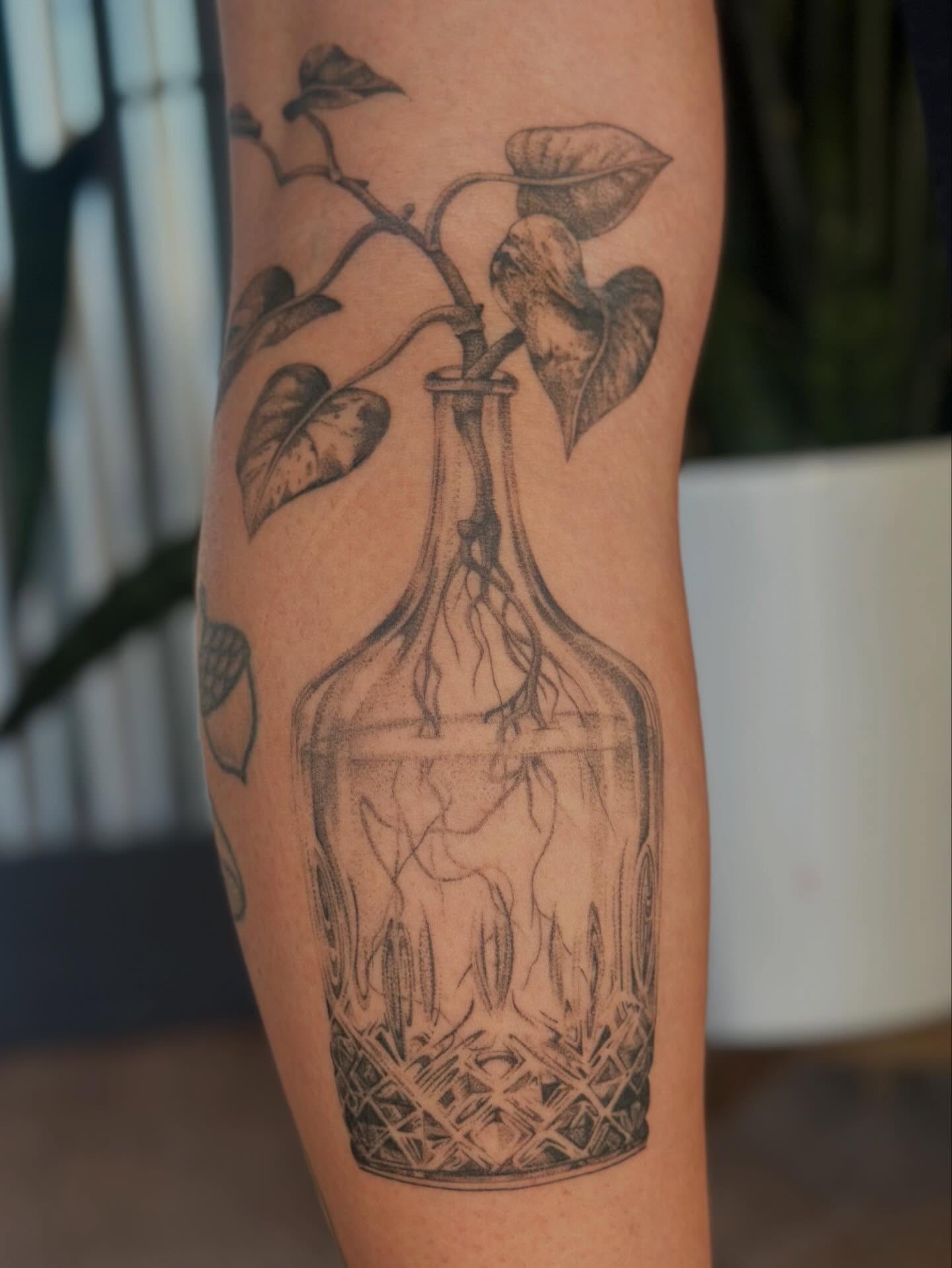 Plant in bottle black and grey tattoo on the forearm by sara scak, Lakewood, Ohio