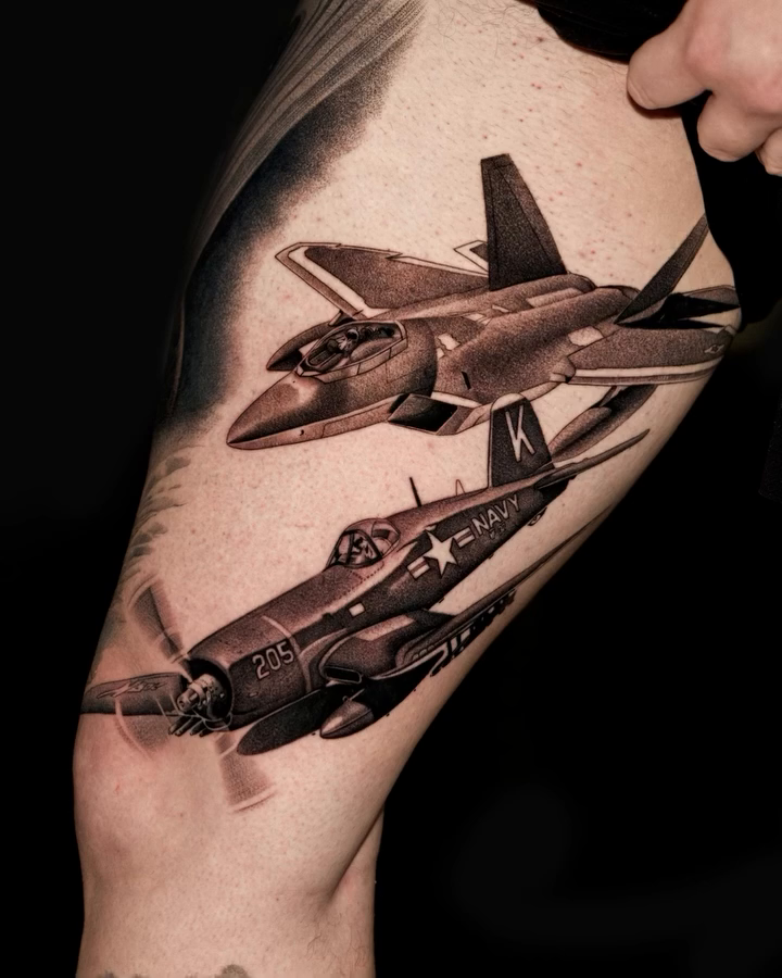 Two airplanes realism tattoo by John Perez