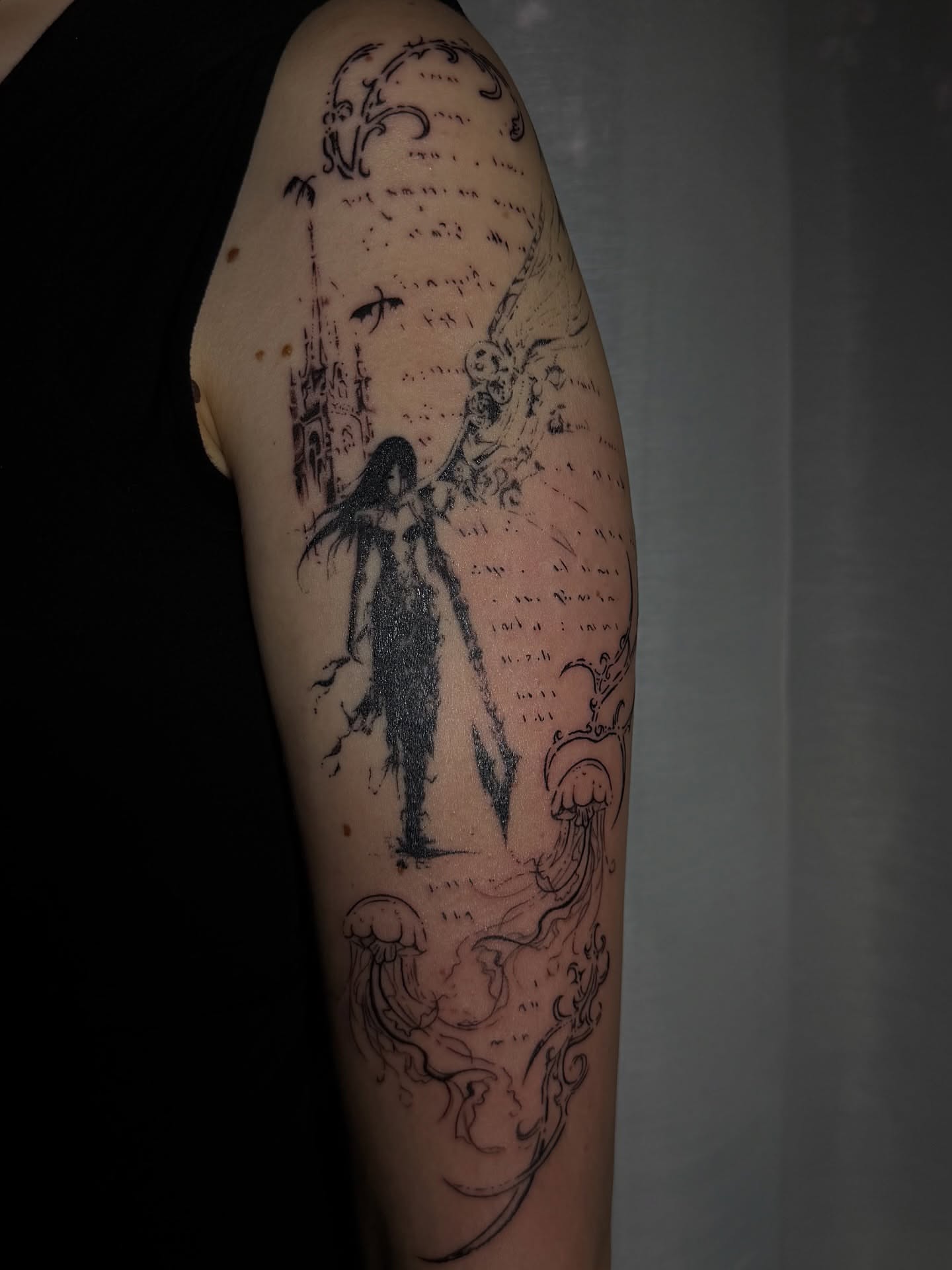 Dark fantasy scene dark realism tattoo on the forearm by Casper Tattoos Toronto