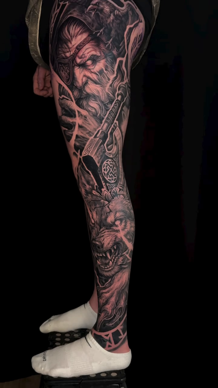 Figure with skulls and ornate patterns dark realism tattoo by Alia