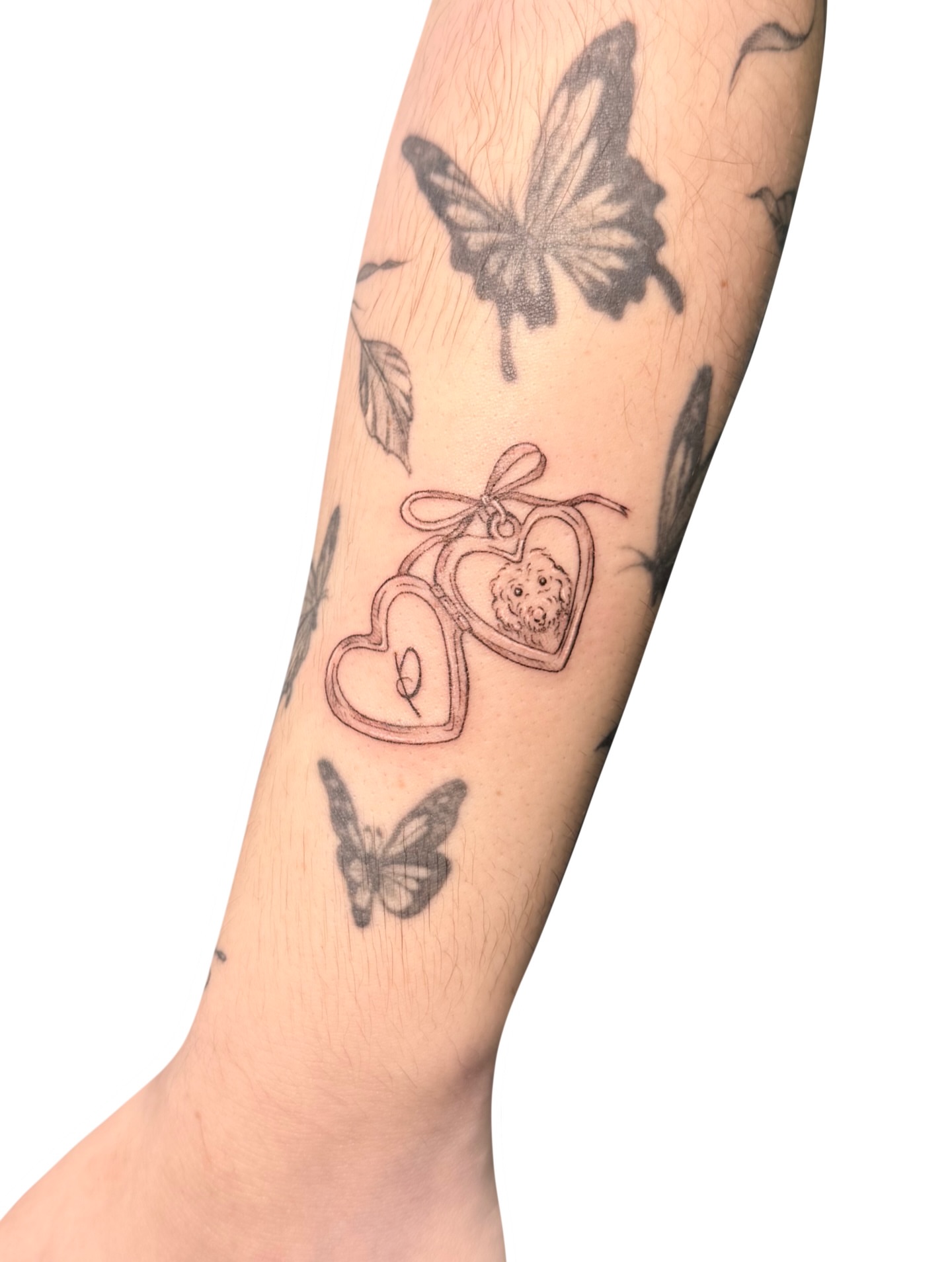 Heart with bow black and grey tattoo on the forearm by Fionna, Seattle, Washington