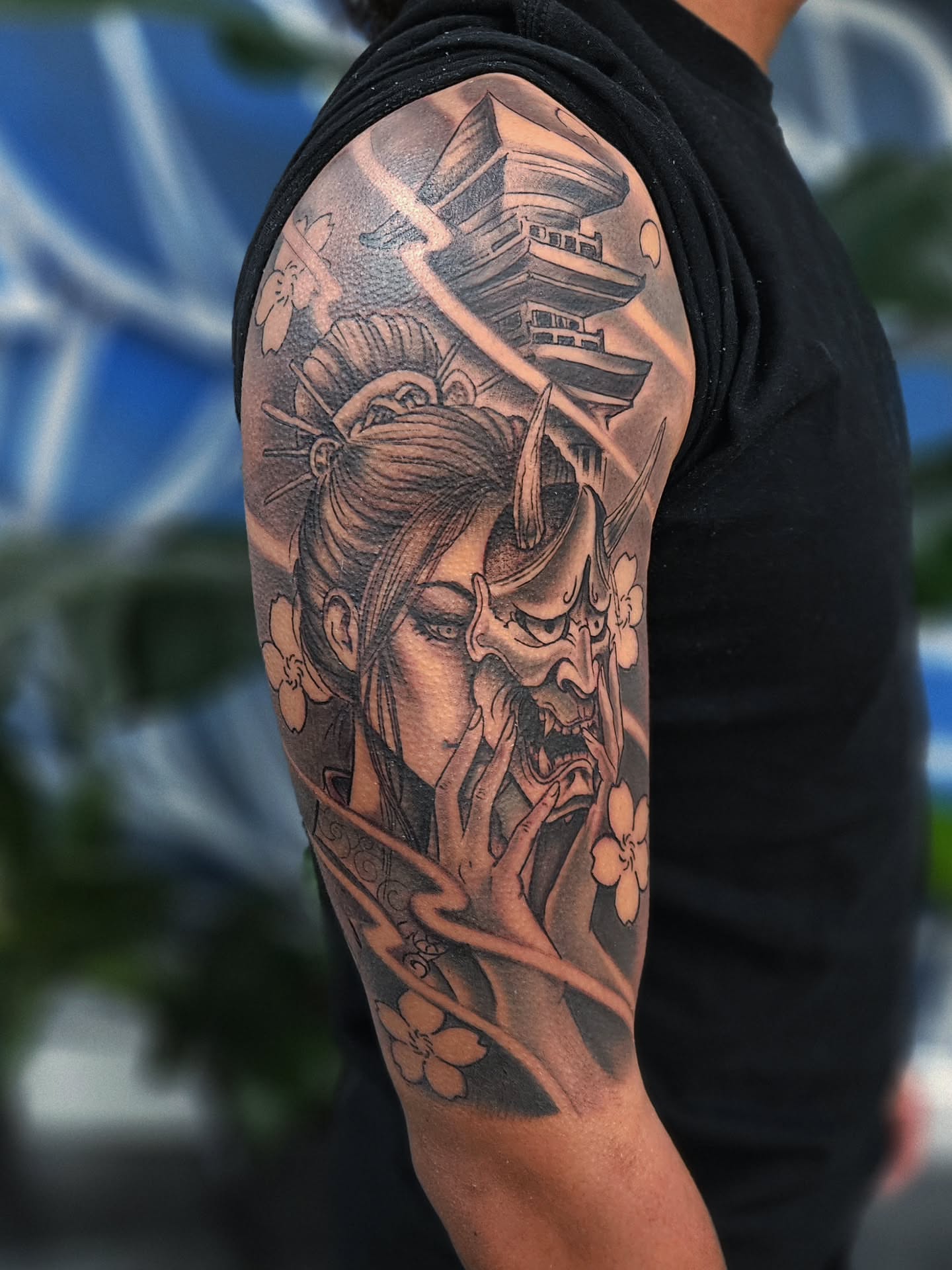 Geisha and demon mask japanese irezumi tattoo on the forearm by Jo'el Acoba