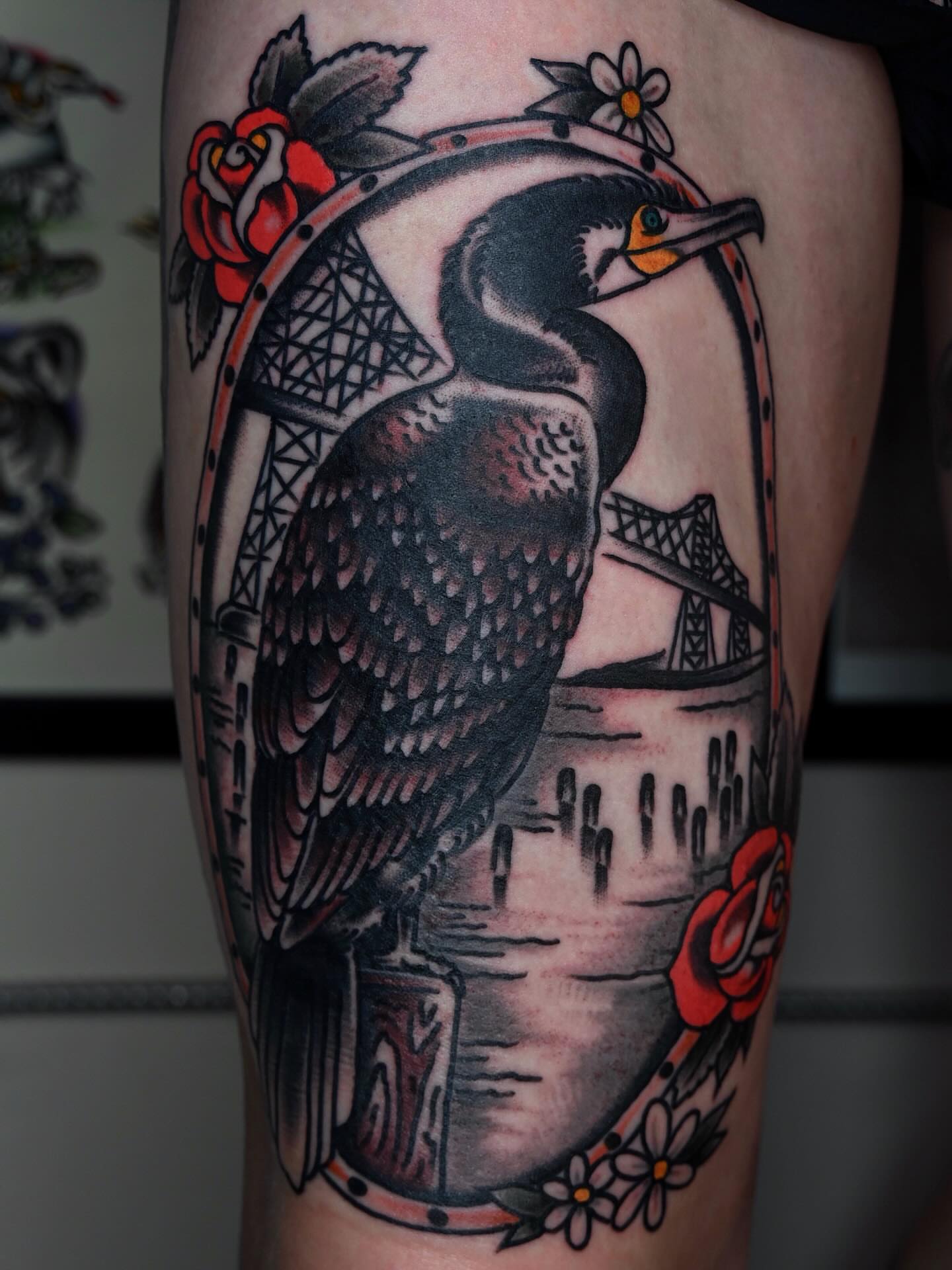 Cormorant American traditional tattoo on the forearm by Clayton - TRADITIONAL TATTOOS