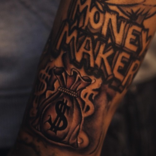 Money maker American traditional tattoo on the forearm by Shane Boss, Toronto, Ontario