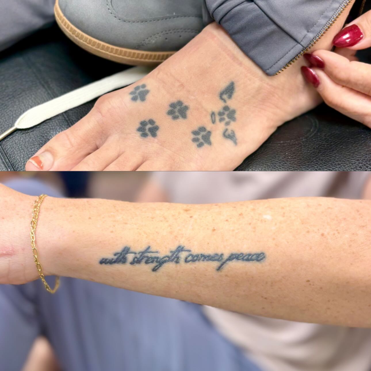 Paw prints and feather dotwork tattoo on the foot by bradyn thornton: eco-tattoo artist