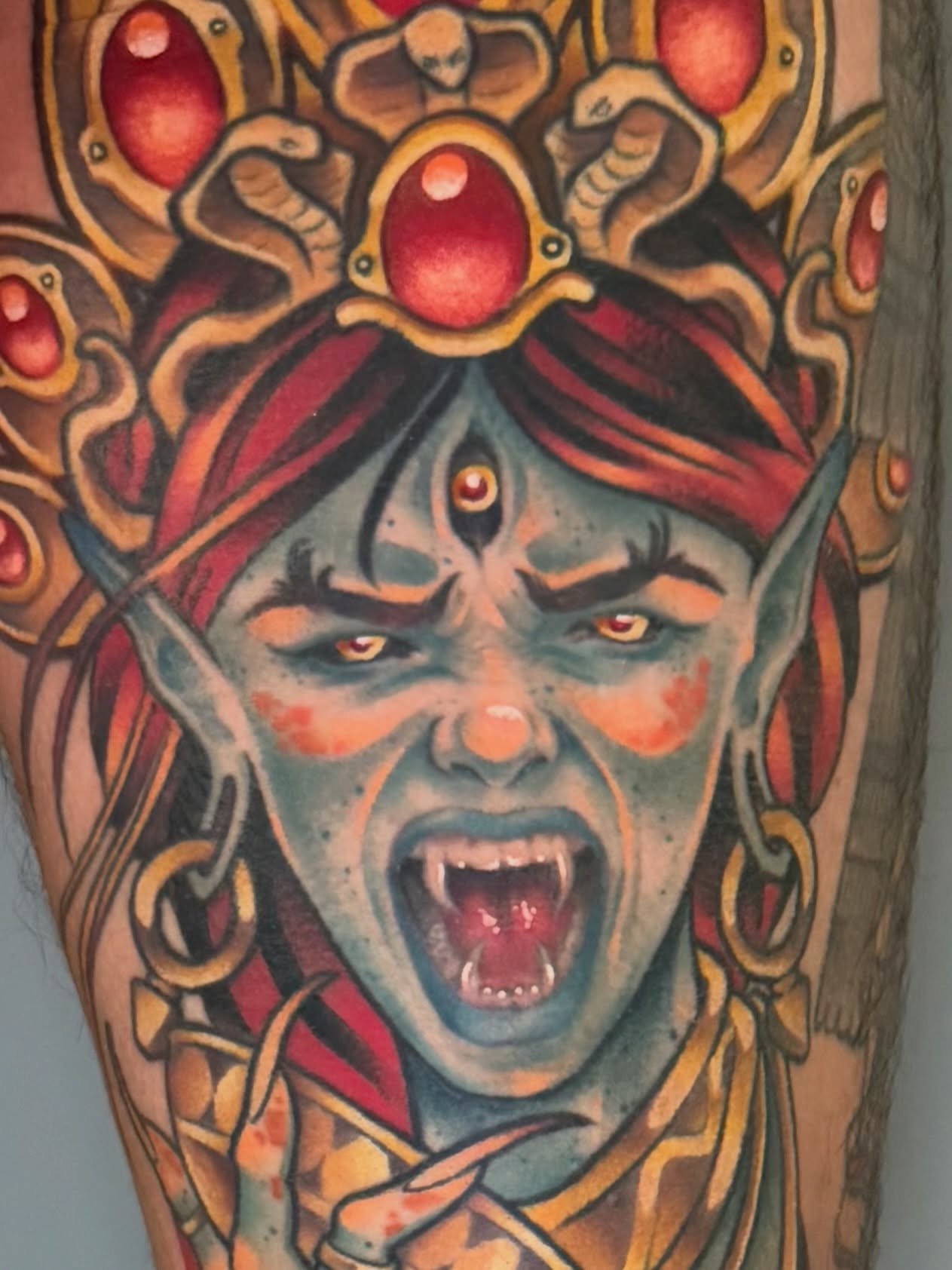 Demon American traditional tattoo on the forearm by Sam Castro