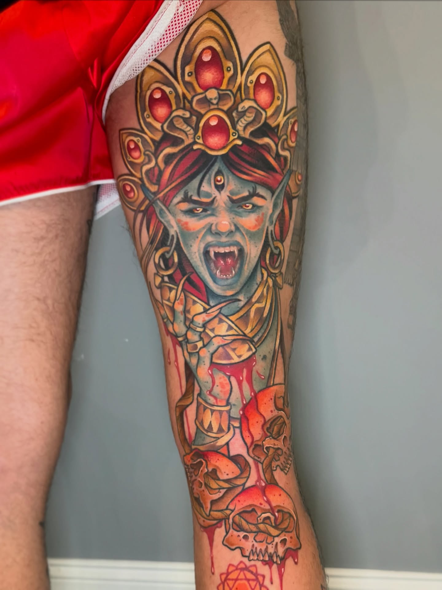Demon warrior neo-traditional tattoo on the forearm by Sam Castro