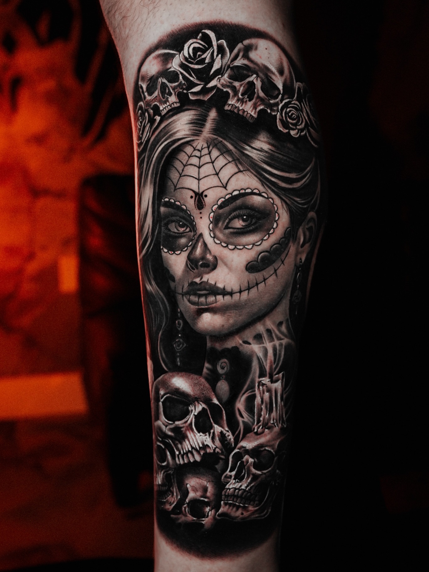 Sugar skull woman realism tattoo on the forearm by Andy Garcia