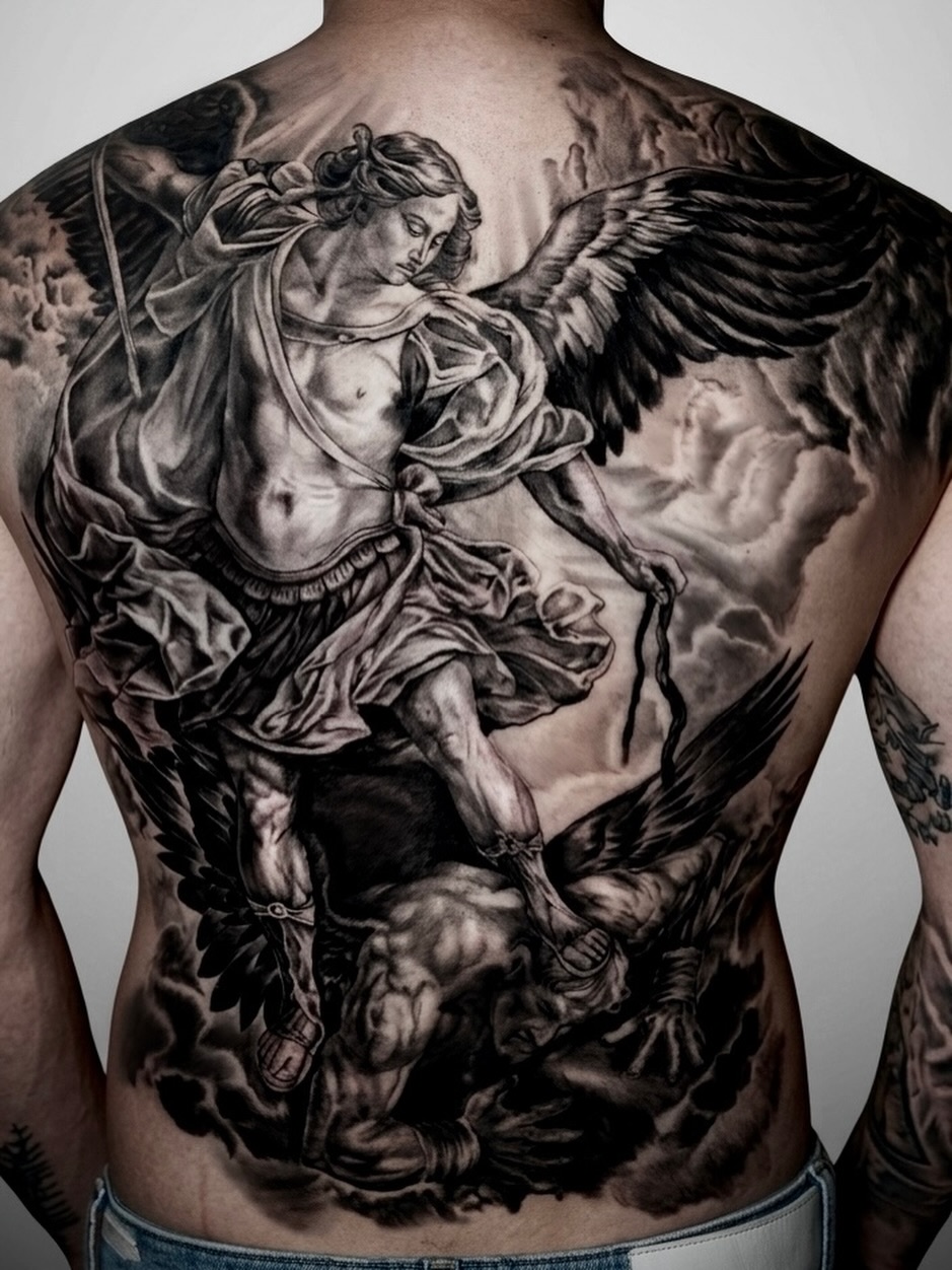 Archangel Michael battling a demon realism tattoo on the back by Alberto M